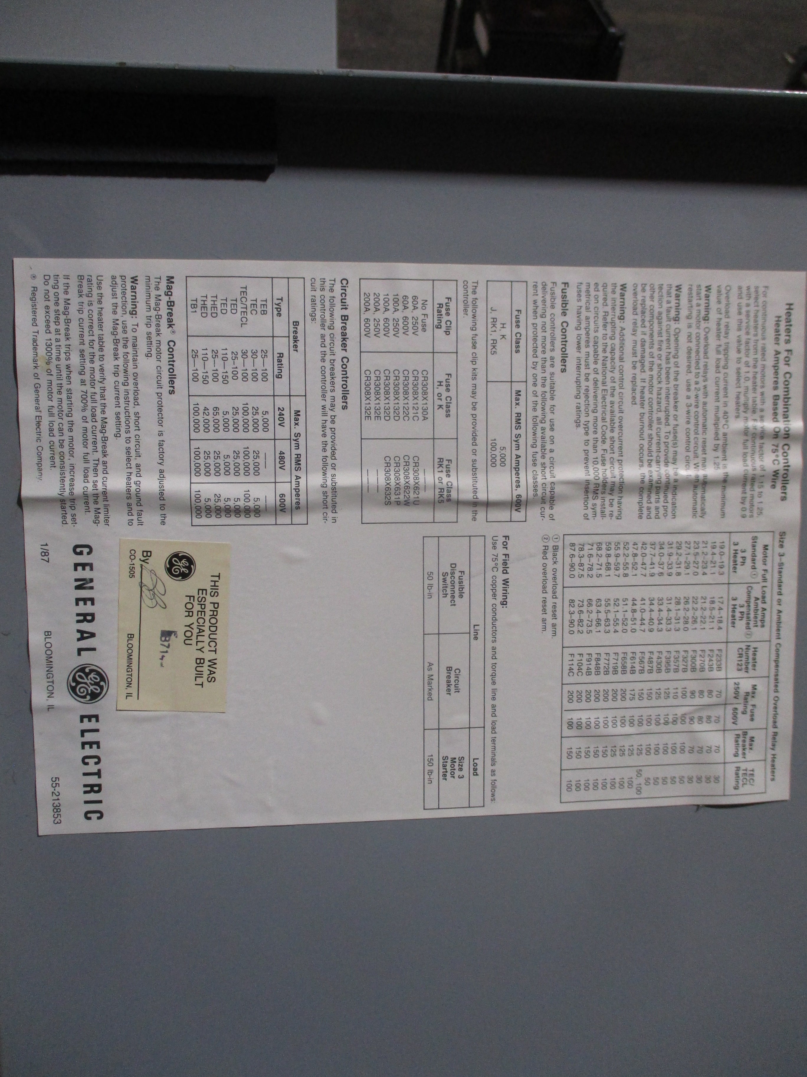GE Non-Fusible Size 3 Combination CR308E1041AAETDB 115-120V Coil 90A 600V Used