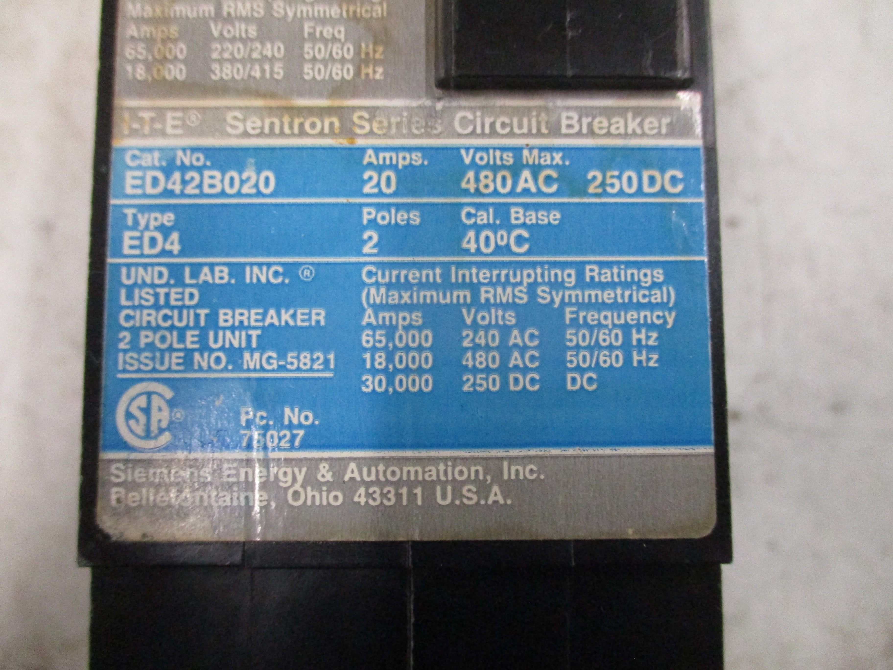 Siemens ITE Sentron Circuit Breaker ED42B020 20A 480V 2P Used