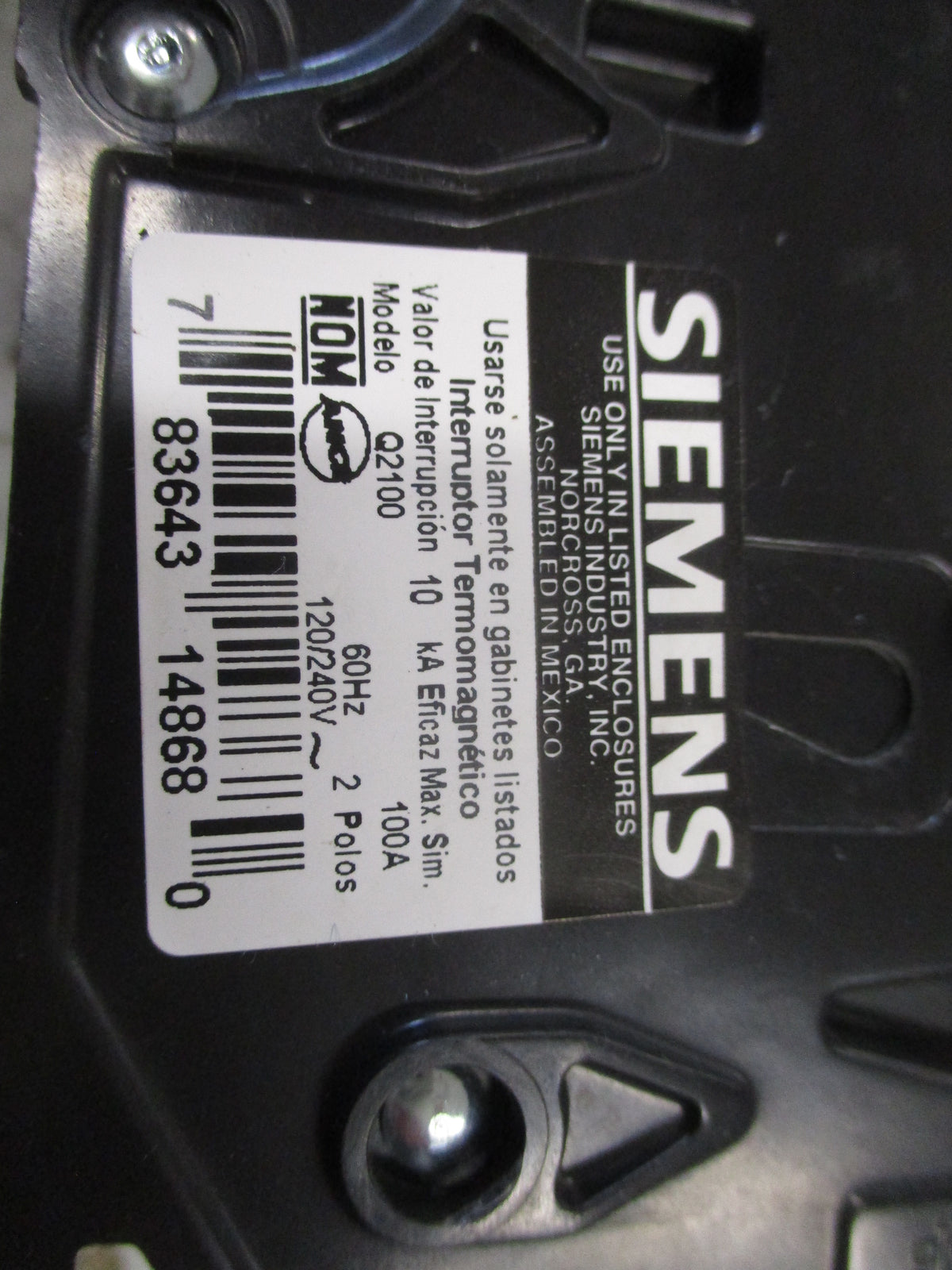 Siemens Type QP Clip-On Circuit Breaker Q2100 100A 120/240V 2P Used