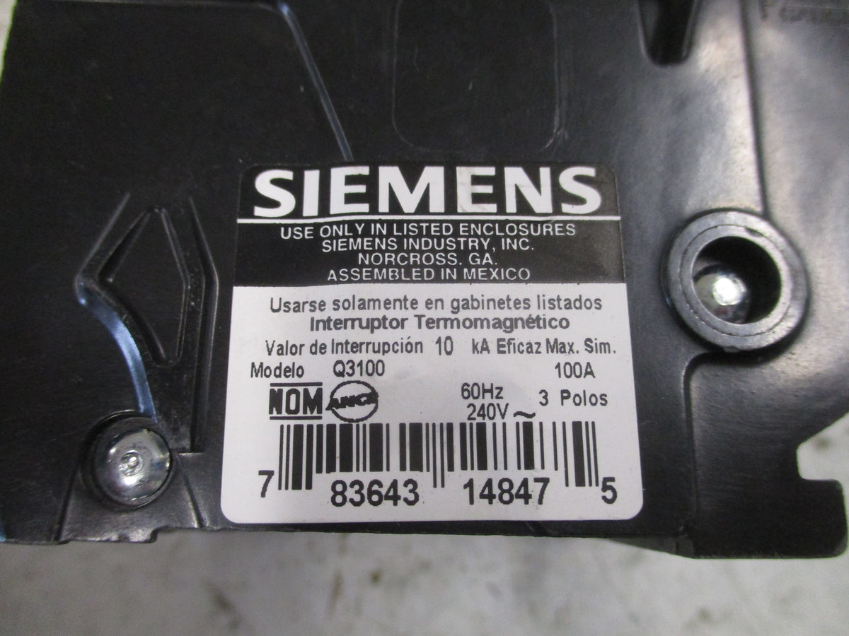 Siemens Type QP Clip-On Circuit Breaker Q3100 100A 240V 3P Used