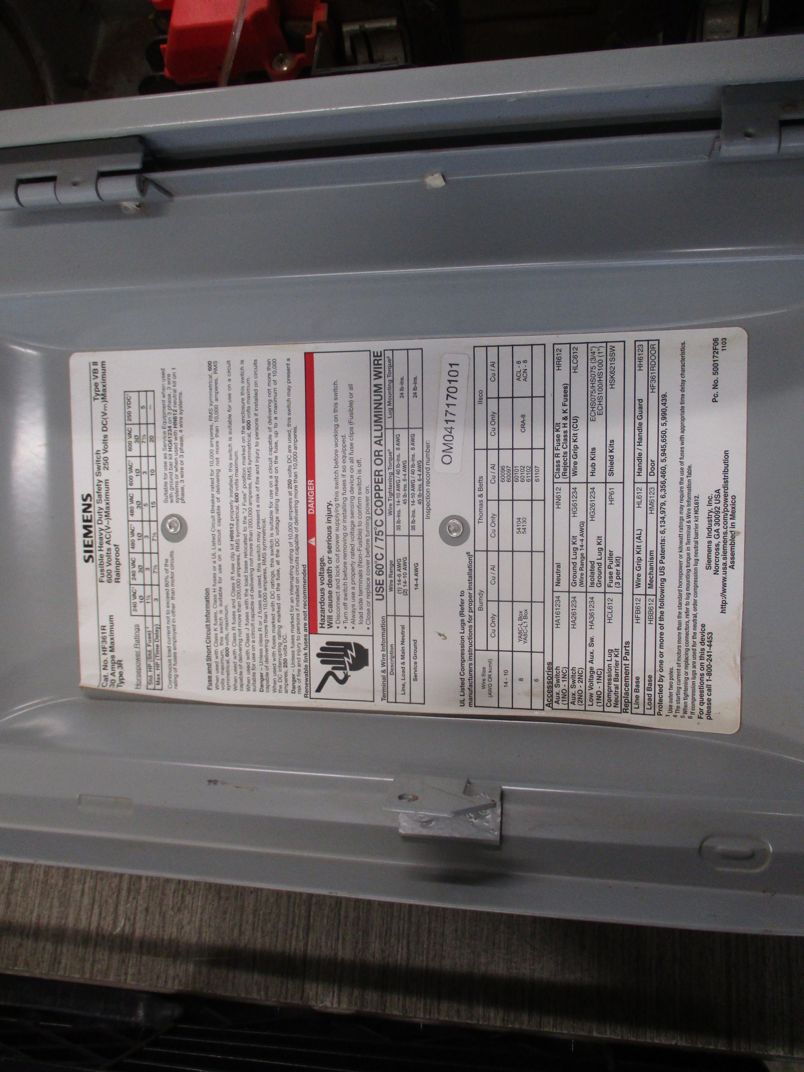 Siemens 3R Fusible Safety Switch/Disconnect HF361R 30A 600V 3P Used