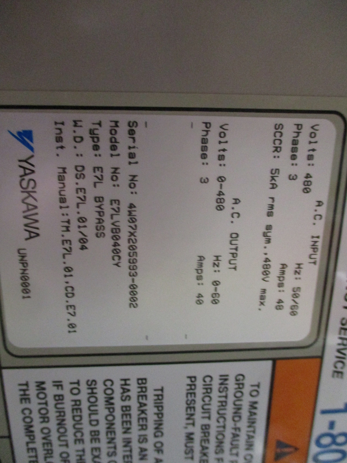 Yaskawa E7 AC Drive W/Bypass E7LVB040CY 40HP 3Ph Used