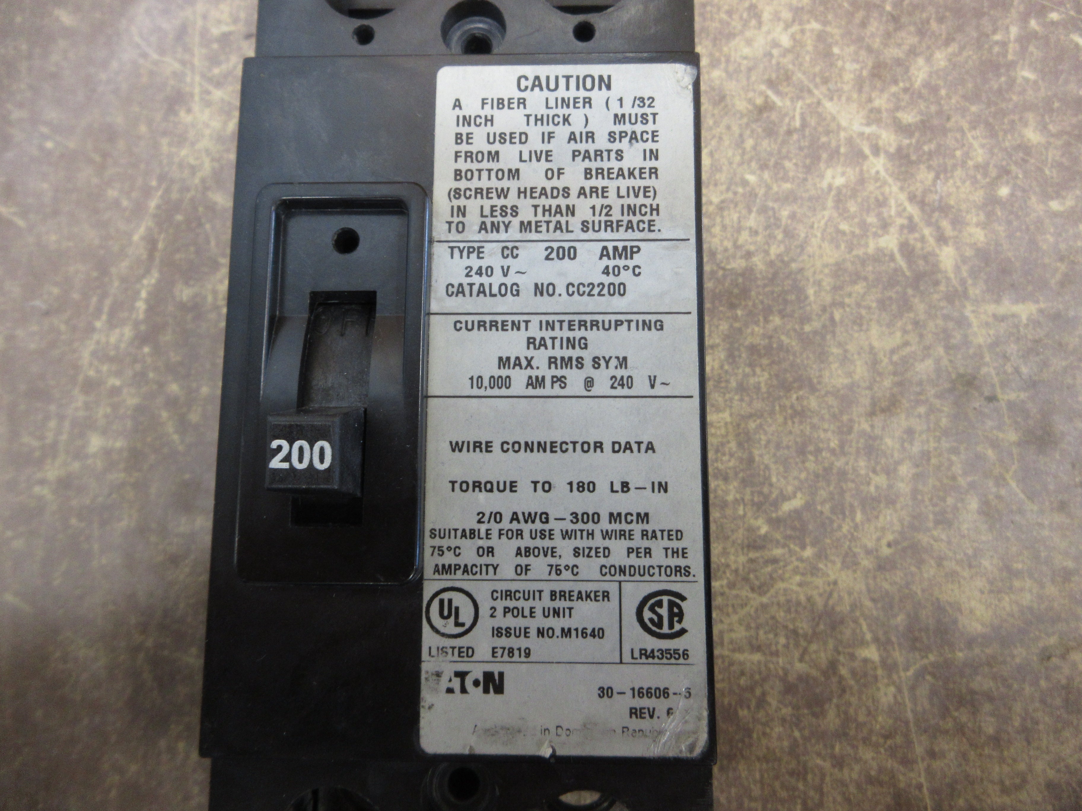 Eaton Circuit Breaker CC2200 200A 240V 2P *Missing (3) Lug Screws* Used