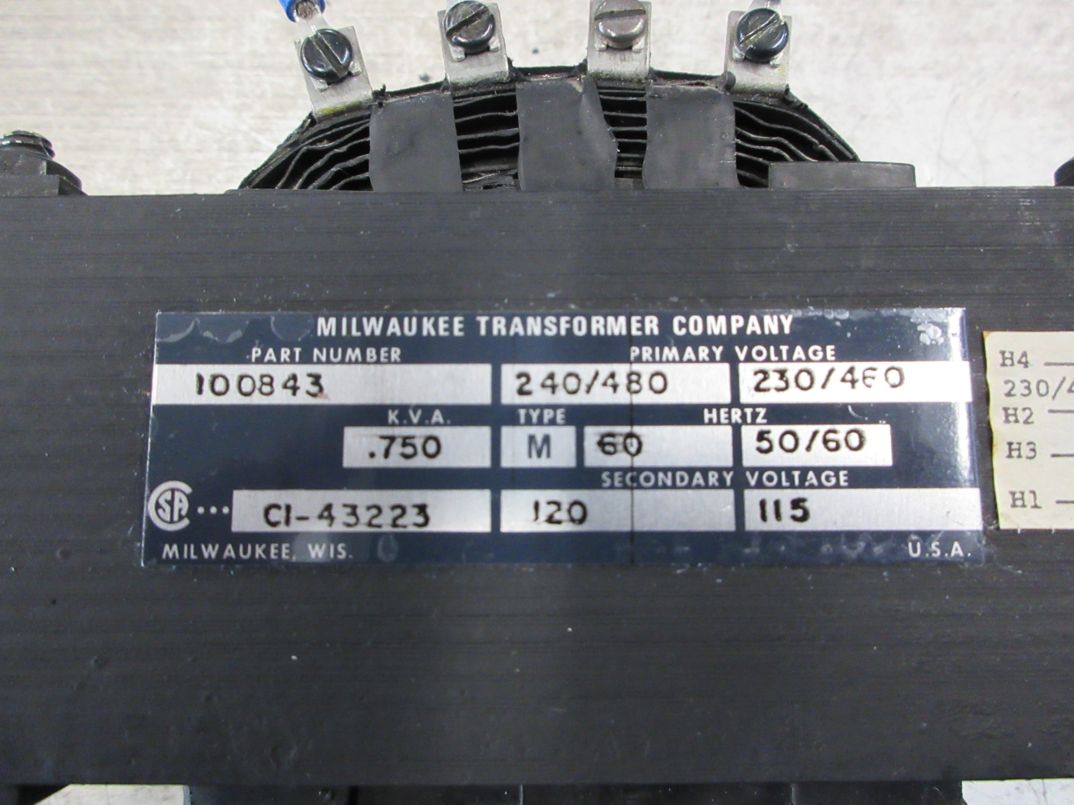 Milwaukee Transformer Co. Transformer 100843 0.750 KVA Pri: 240/480V Used