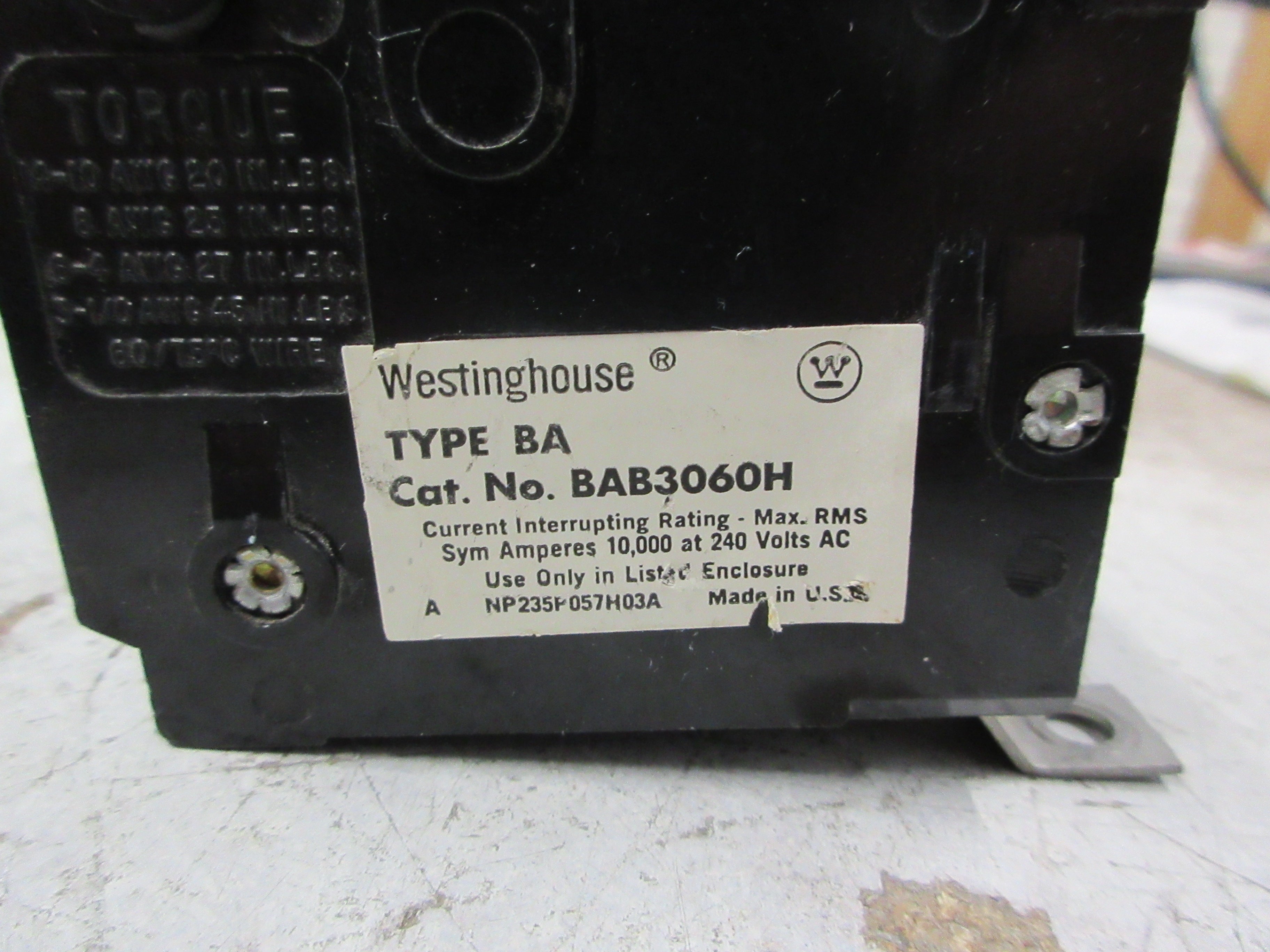 Westinghouse Type BA Bolt-On Circuit Breaker BAB3060H 60A 240V 3P Used