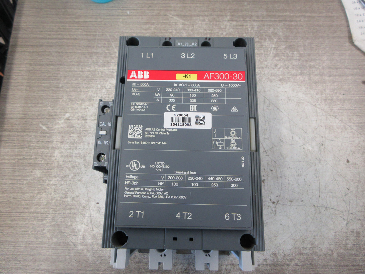 ABB Contactor AF300-30 100-250V AC/DC Coil 400A 600V w/ (1) Aux Contact Used