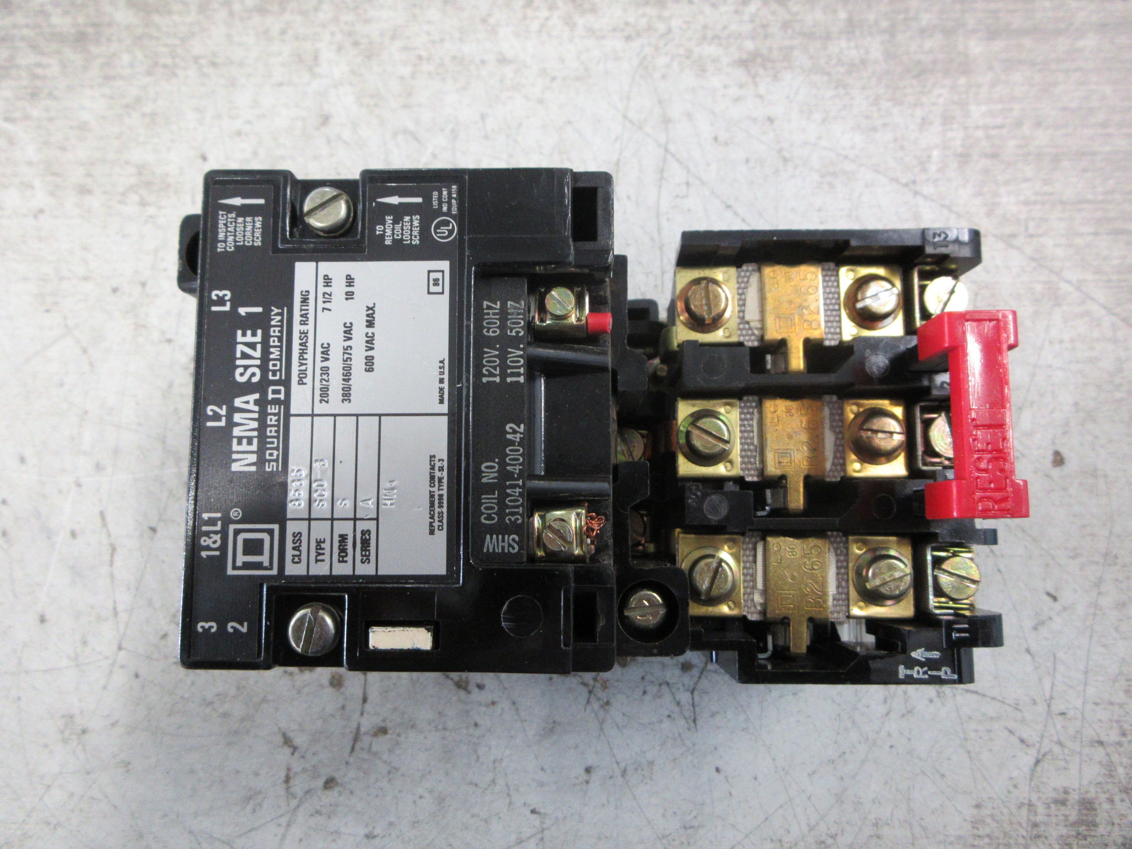 Square D Size 1 Starter 8536 SCO 3 S Ser. A 120V Coil 600V Used