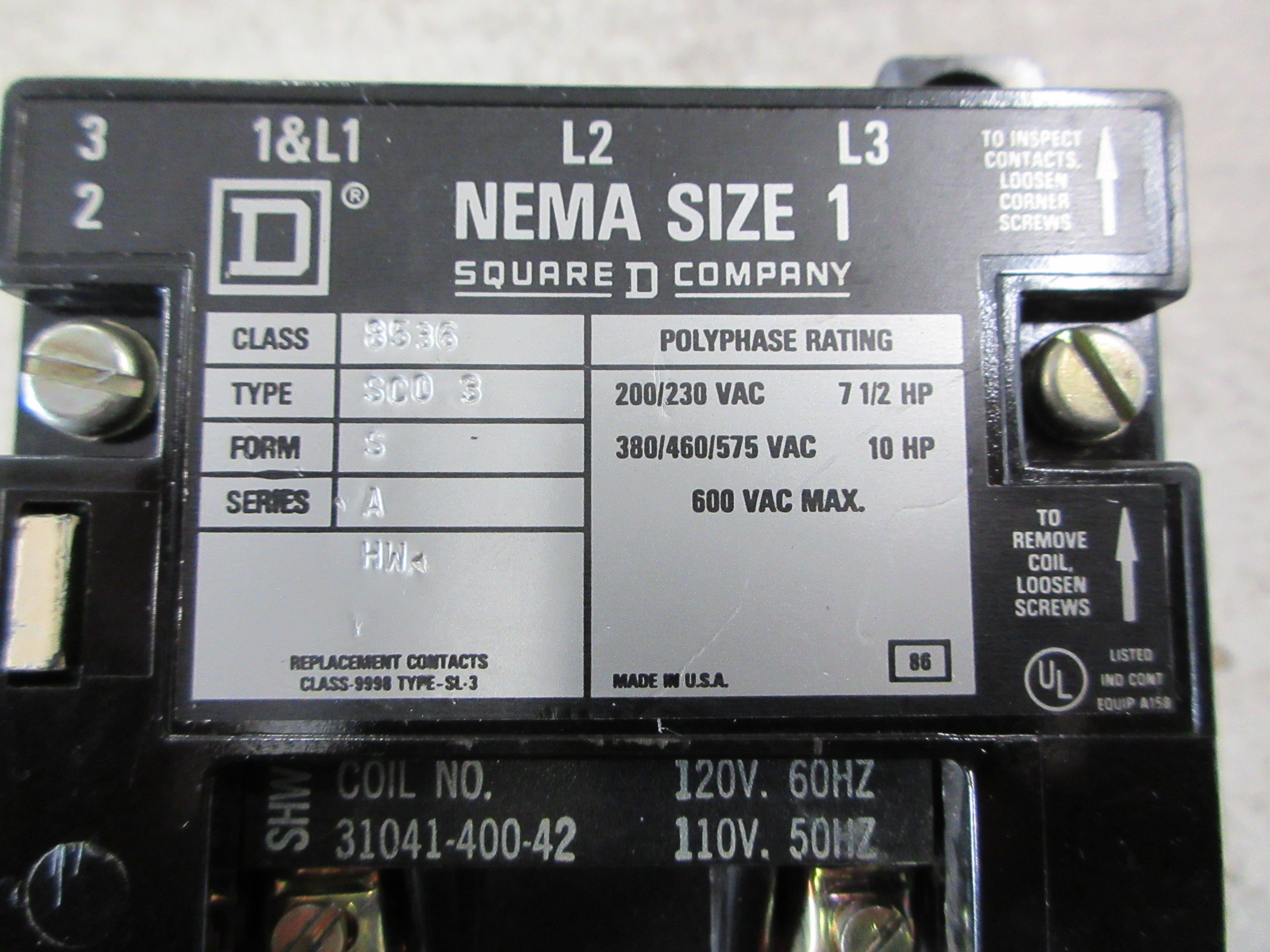 Square D Size 1 Starter 8536 SCO 3 S Ser. A 120V Coil 600V Used