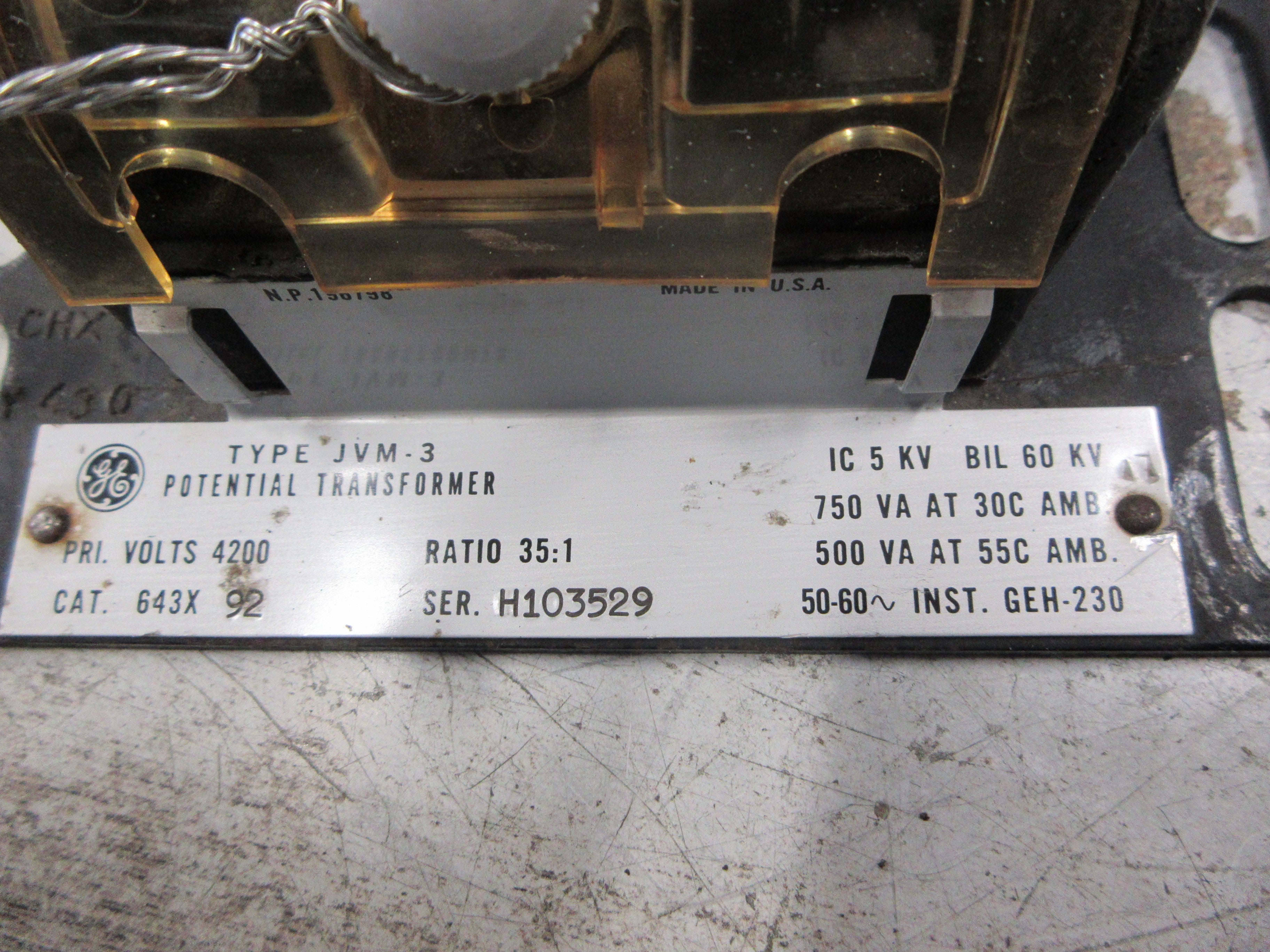 GE Type JVM-3 Potential Transformer 643X92 Ratio 35:1 Pri: 4200V 50-60Hz Used