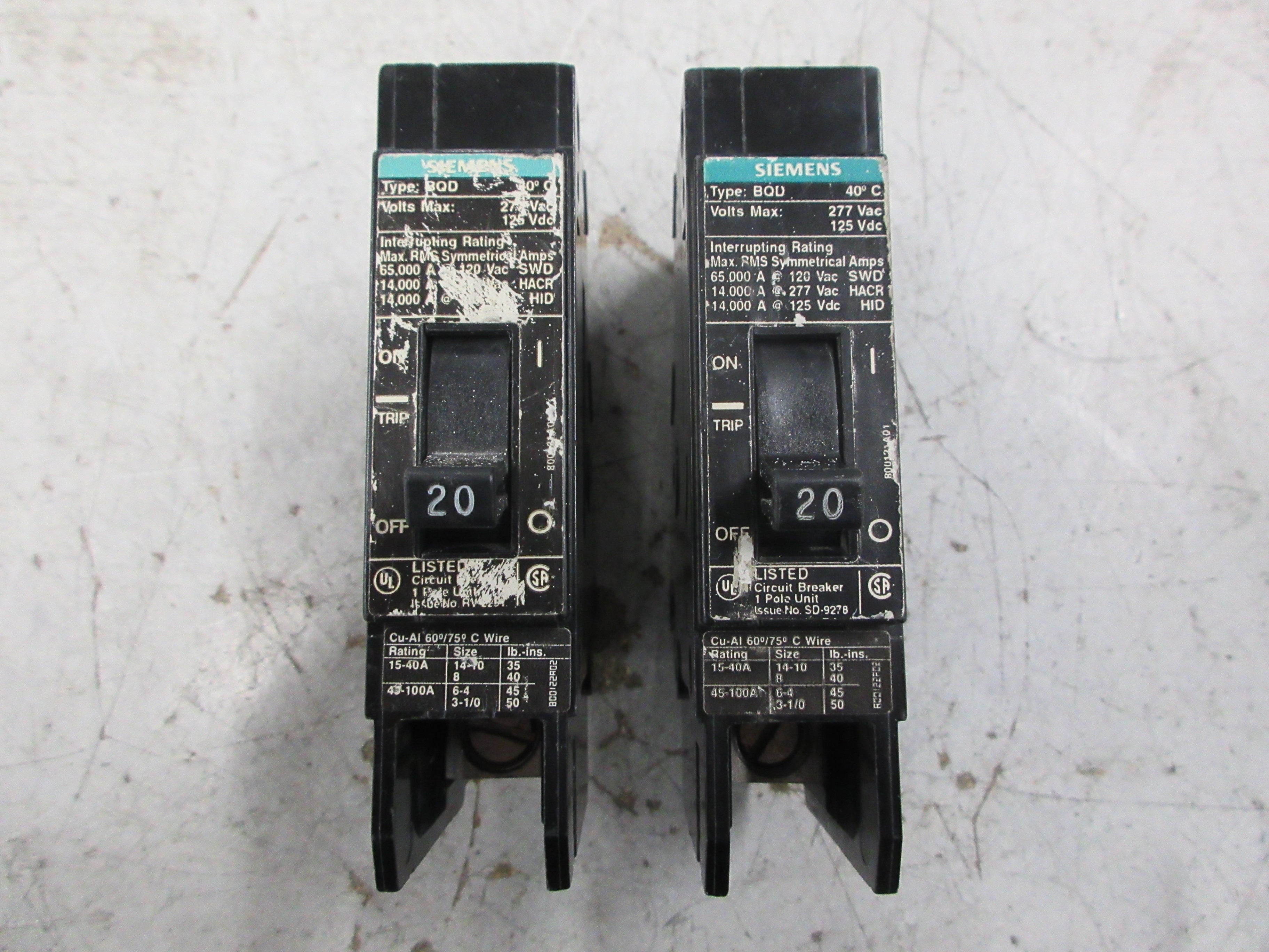 Siemens Bolt-On Circuit Breaker BQD120 20A 120/277V 1P *Lot of 2* Used