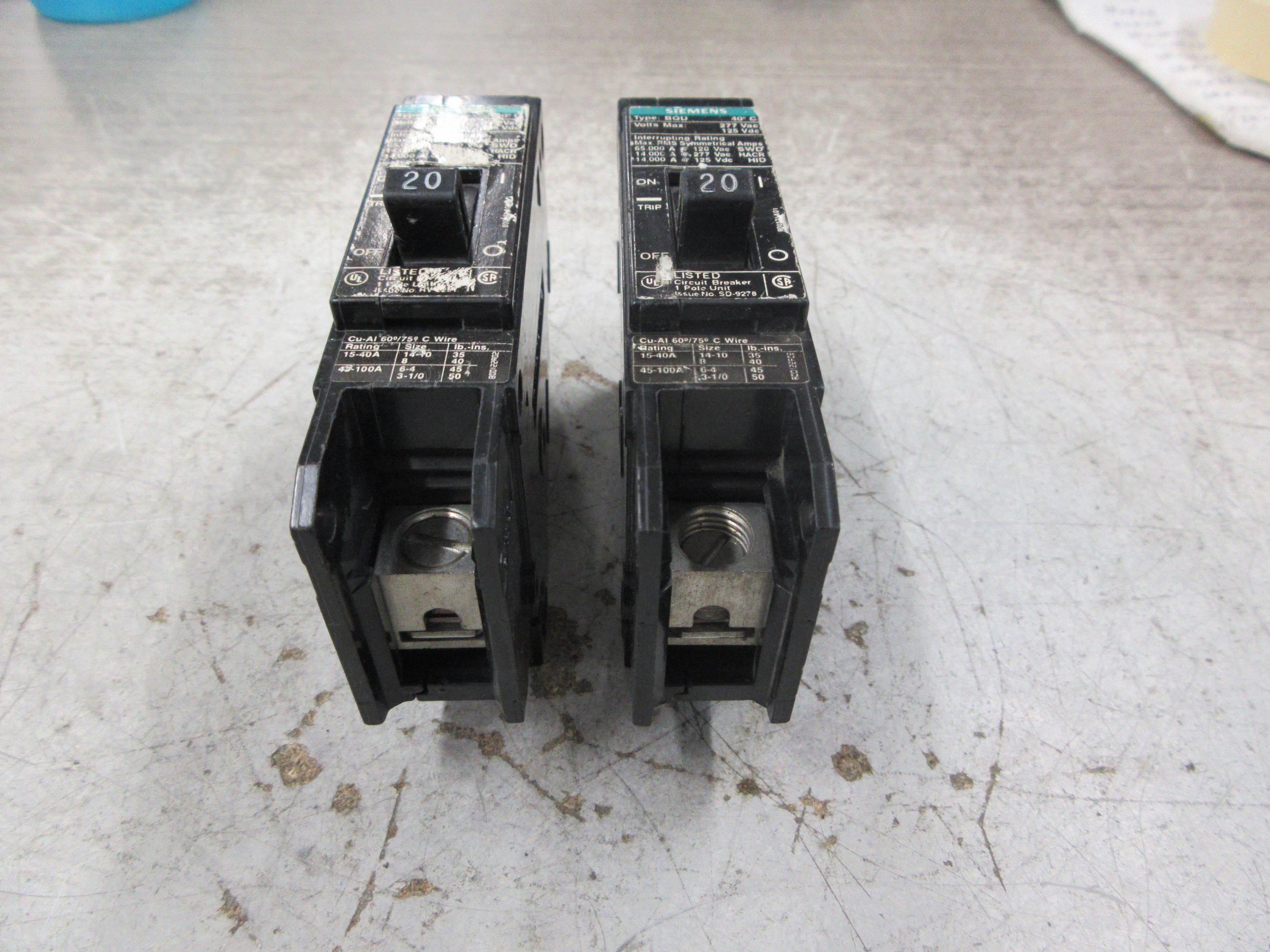 Siemens Bolt-On Circuit Breaker BQD120 20A 120/277V 1P *Lot of 2* Used