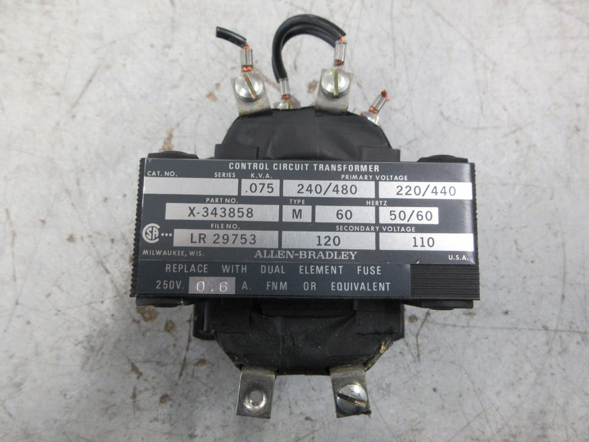 Allen-Bradley Control Transformer X-343858 0.075kVA Pri: 240/480V Sec: 120V Used