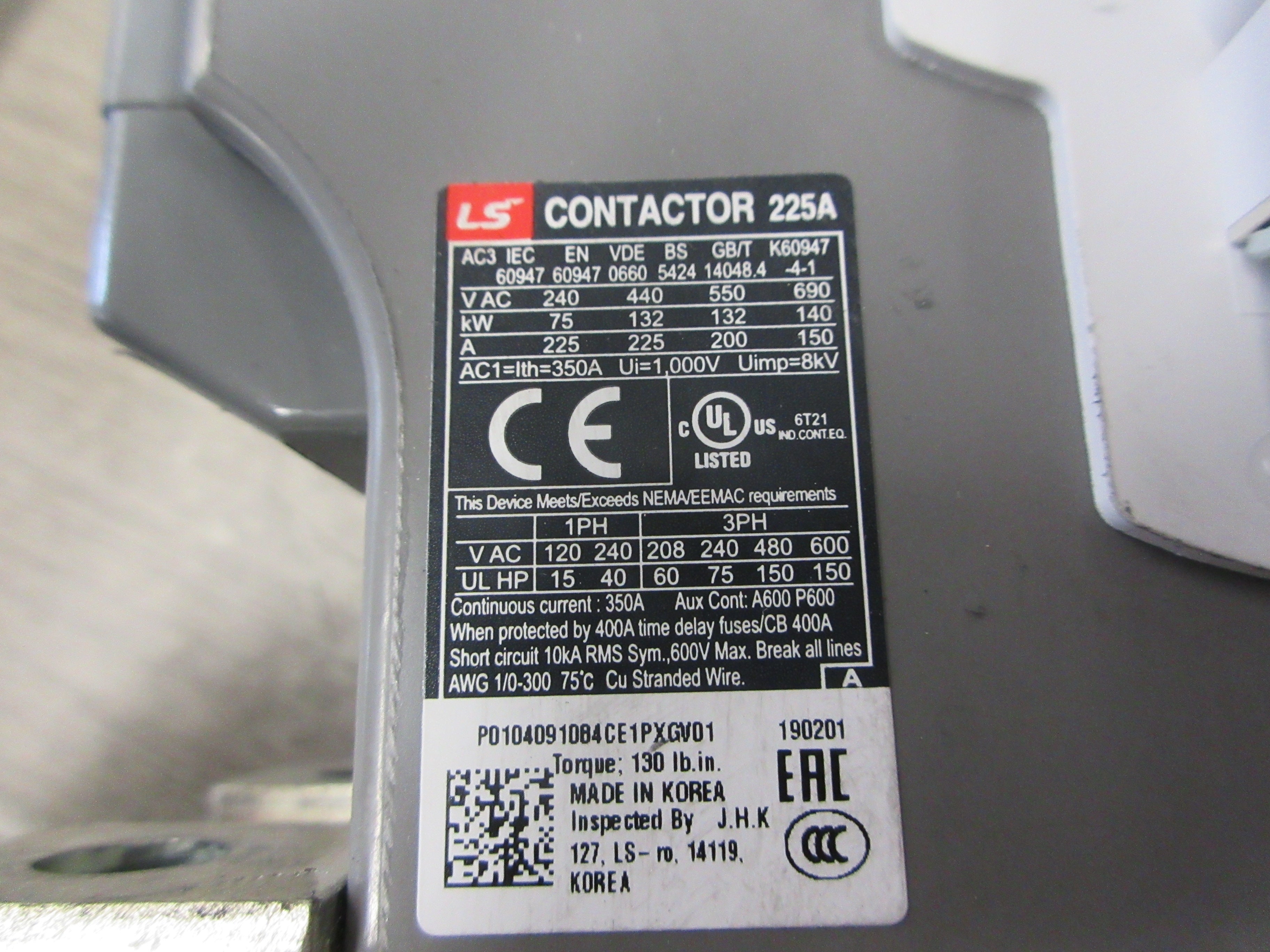 LS Metasol Contactor MC-225a 24-25VAC/24VDC Coil 350A 600V Used