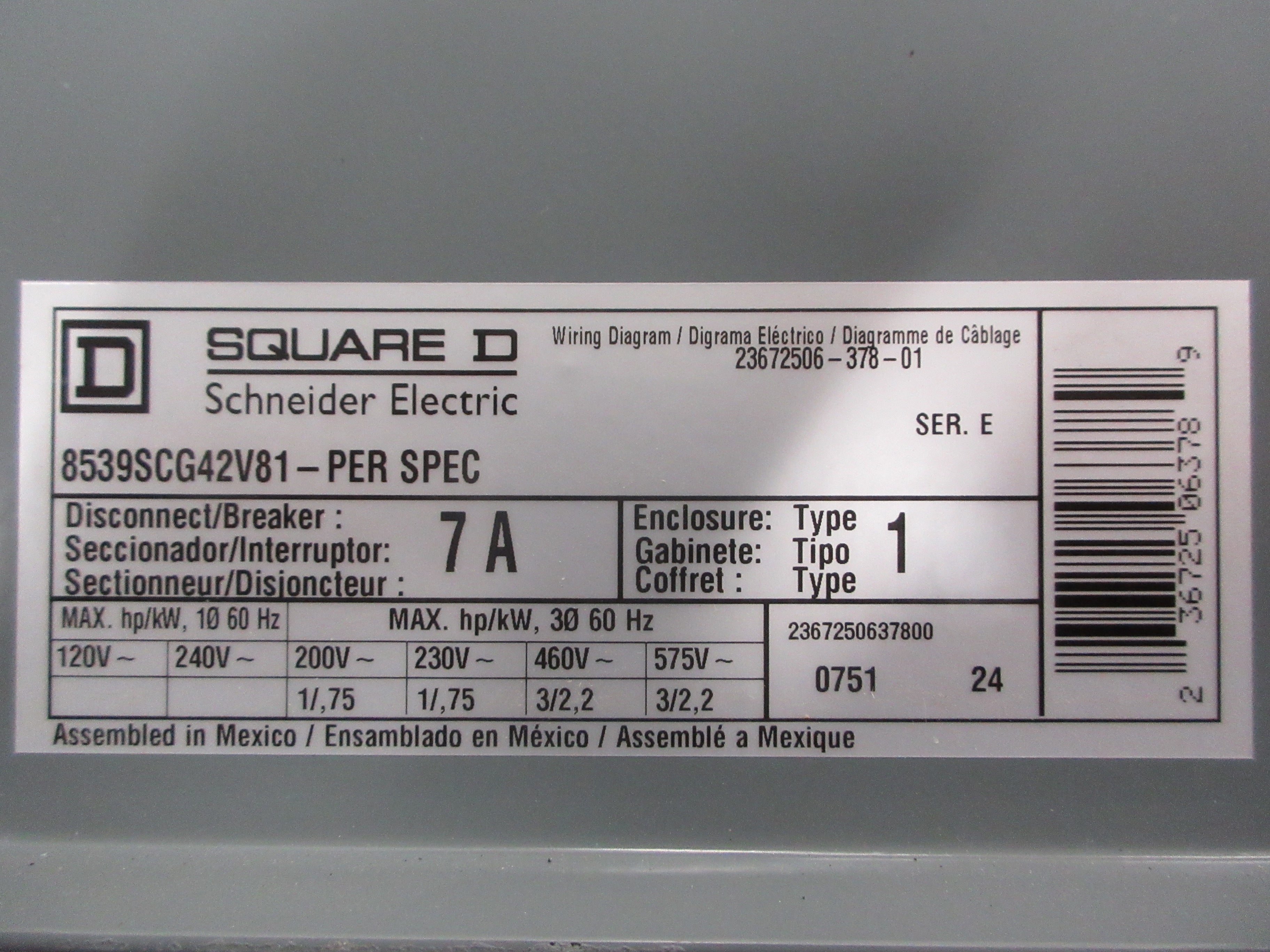 Square D Size 1 Breaker Combination 8539SCG42V81 Ser. E 120V Coil Used