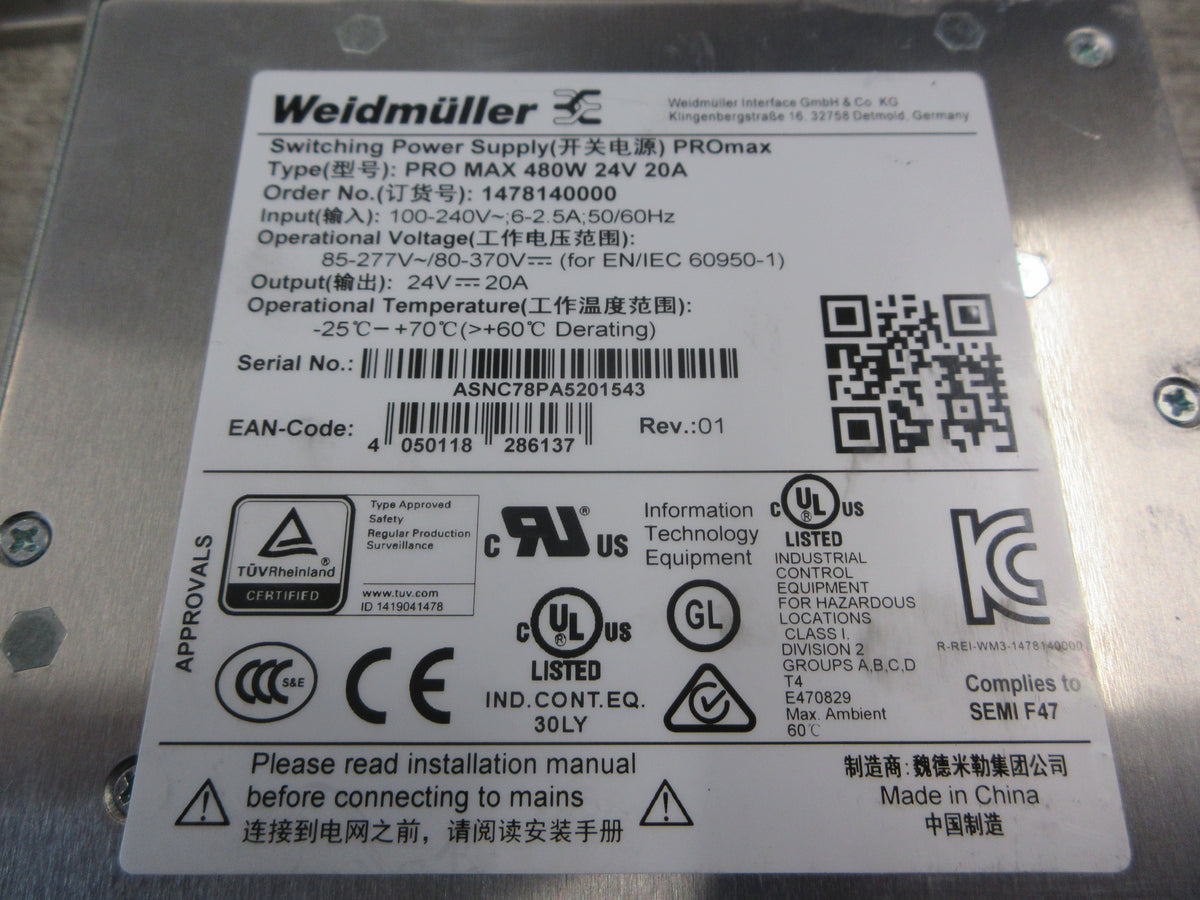 Weidmuller PROmax Power Supply 1478140000 Rev. 01 480W Used