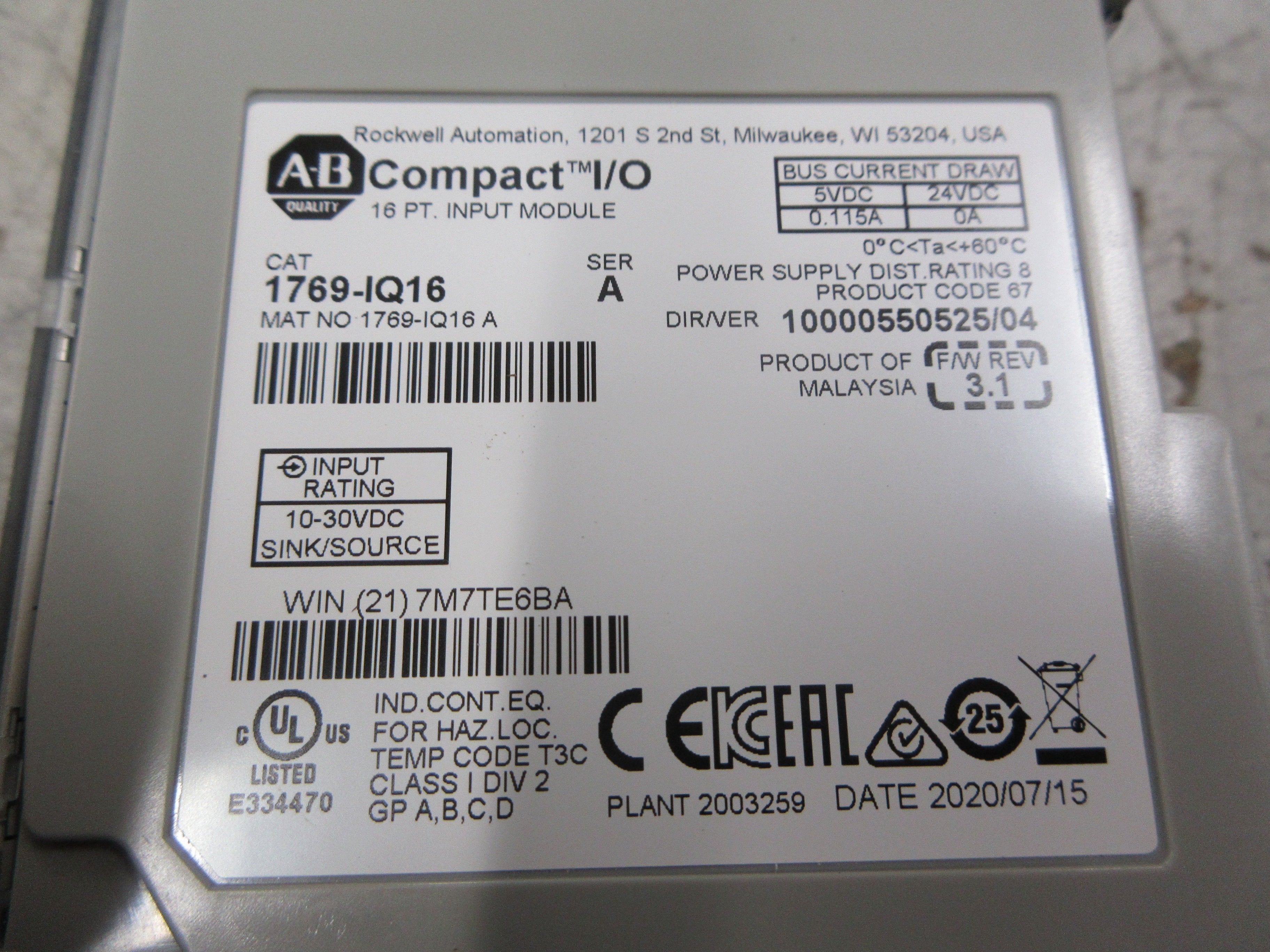 Allen-Bradley Compact I/O Input Module 1769-IQ16 Ser. A F/W Rev. 3.1 Used