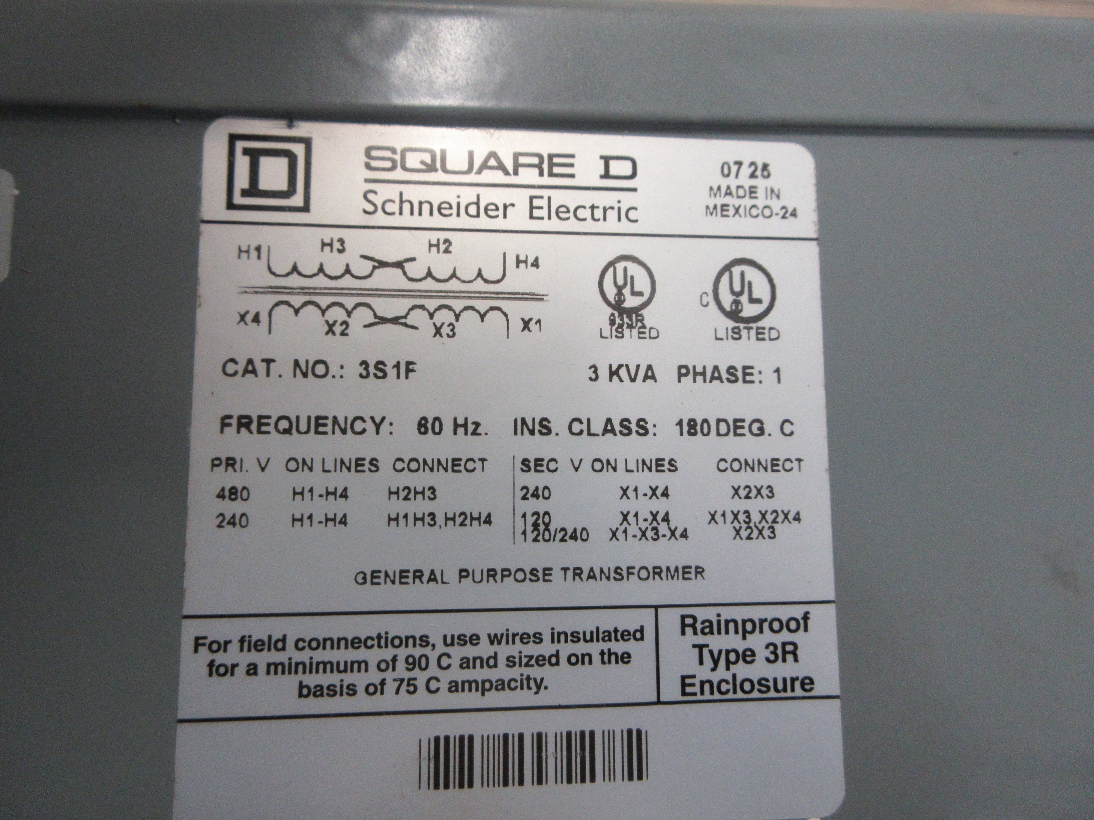 Square D Transformer 3S1F 3KVA Pri: 240/480V Sec: 120/240V 60Hz 1Ph Used