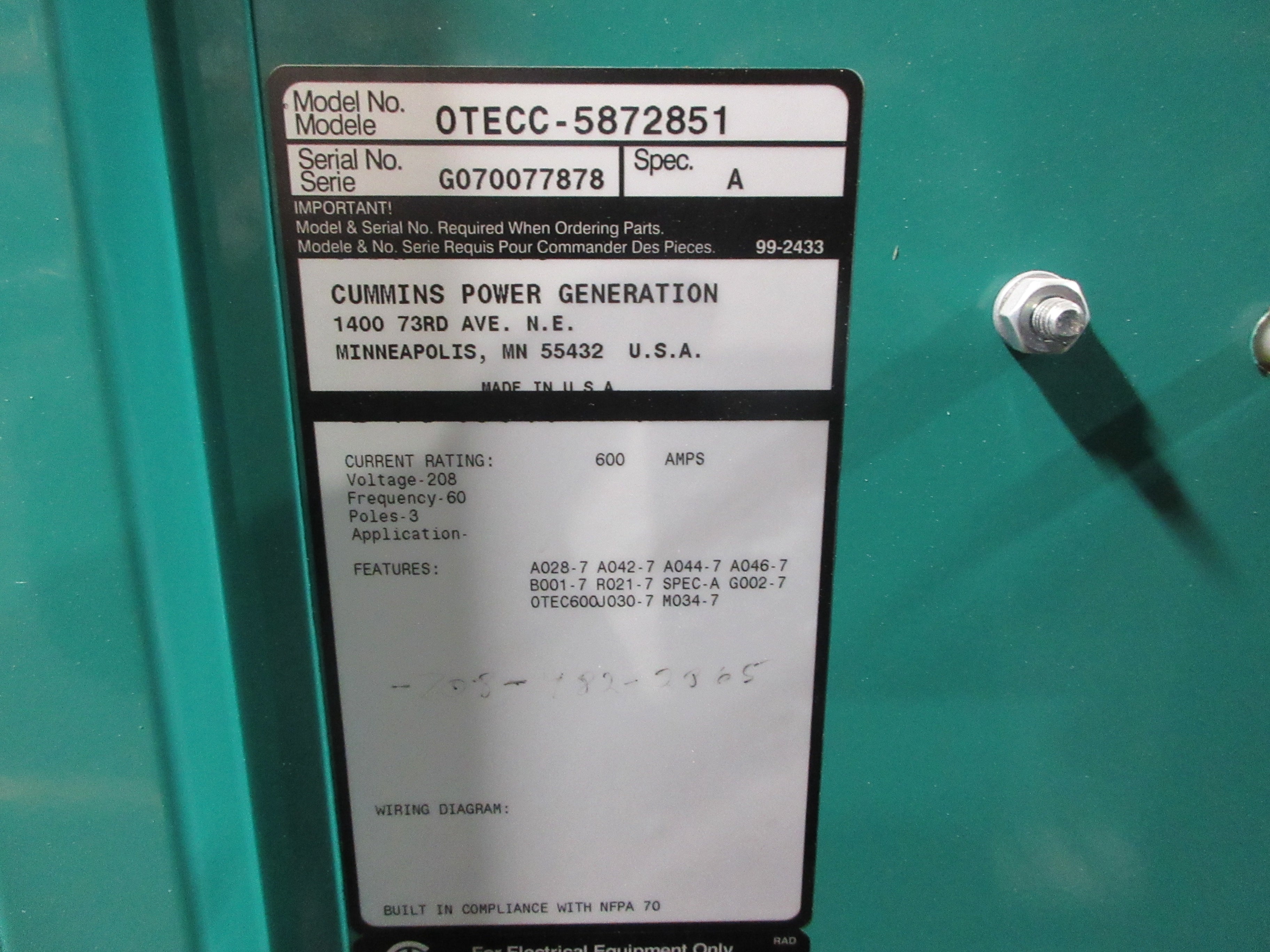 Cummins PowerCommand Automatic Transfer Switch OTECC-5872851 600A 208V 60Hz Used