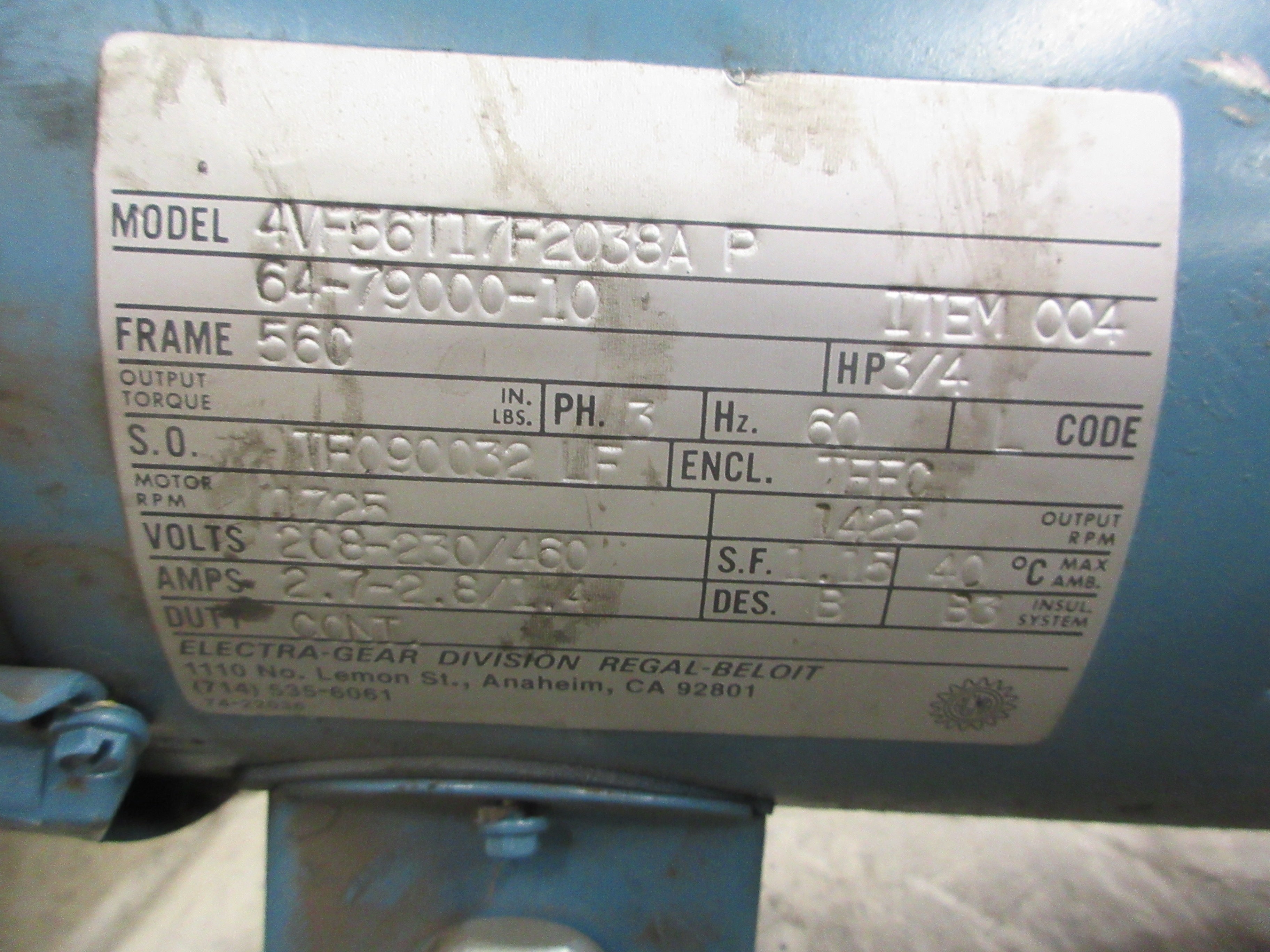 Electra-Gear Gearmotor 4VF56T17F2038A P / ABC21C512.5N/F 3/4HP Used