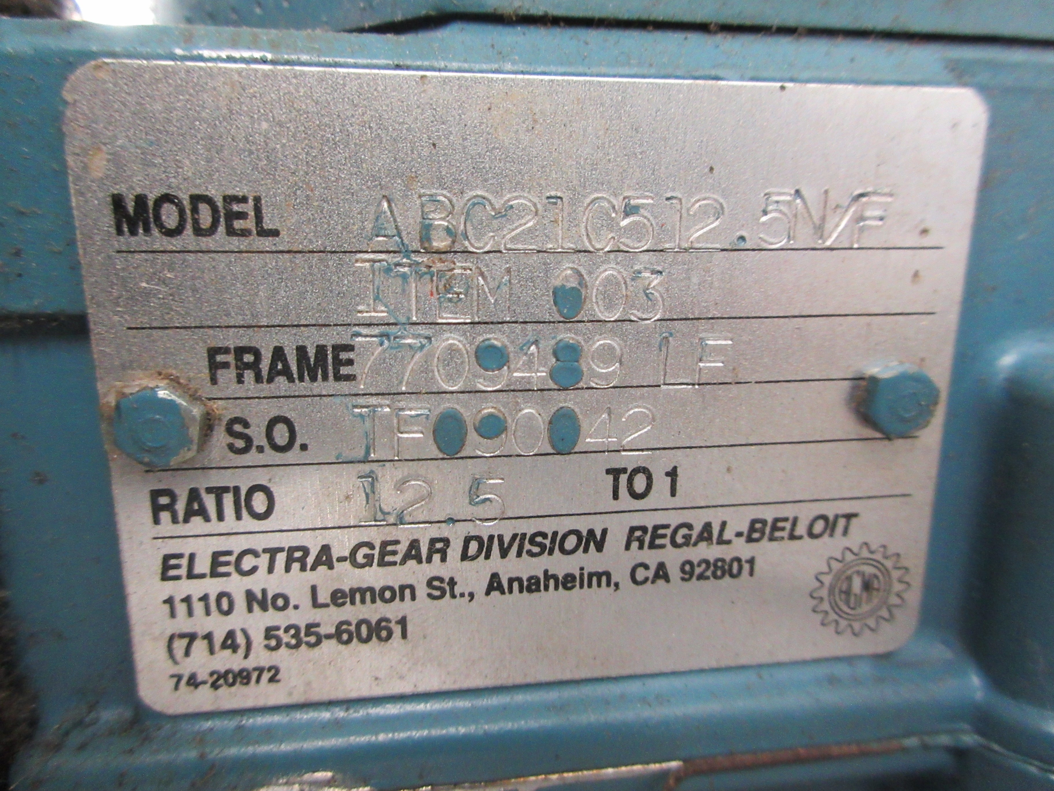 Electra-Gear Gearmotor 4VF56T17F2038A P / ABC21C512.5N/F 3/4HP Used