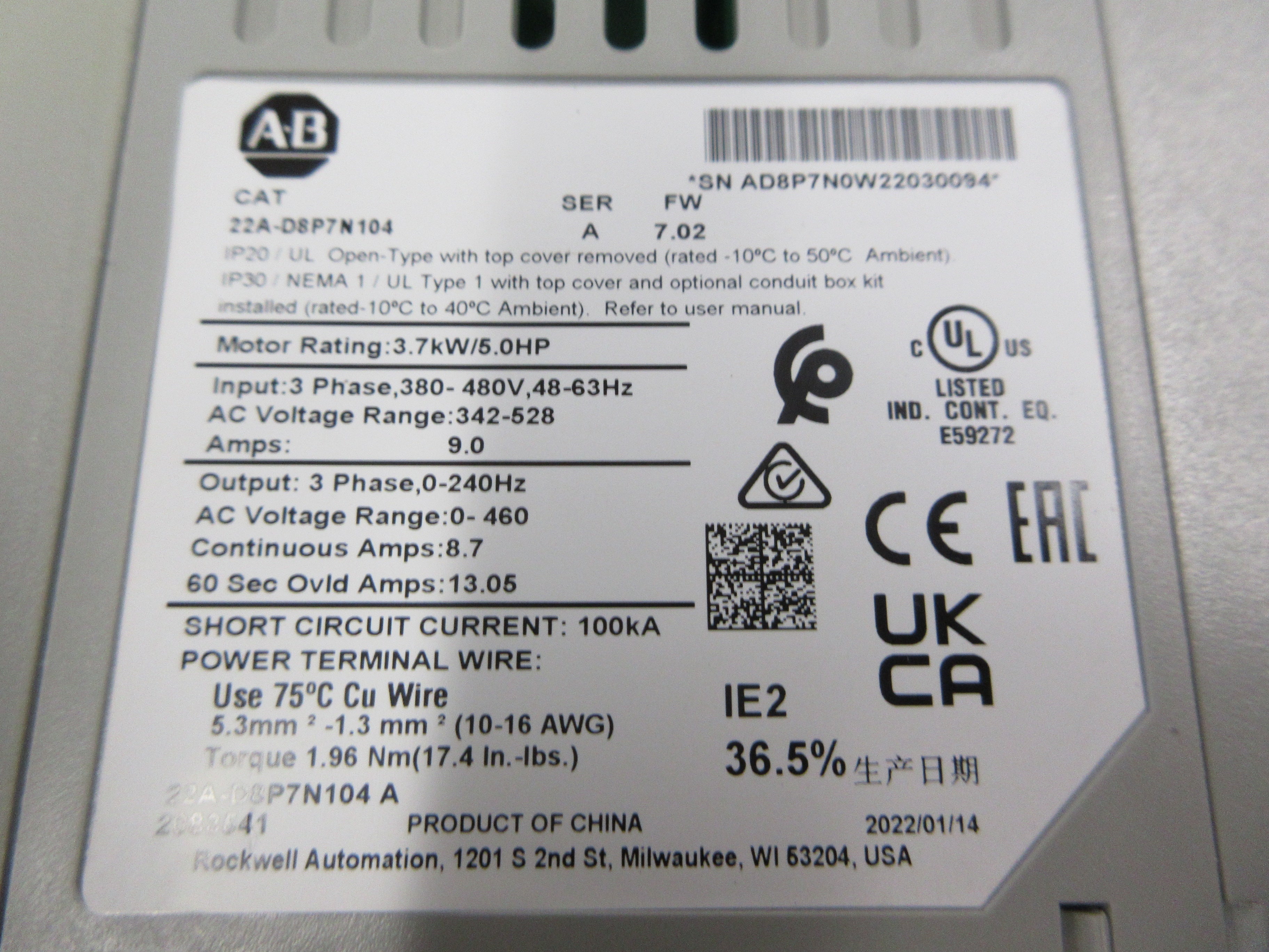 Allen-Bradley PowerFlex 4 AC Drive 22A-D8P7N104 Ser. A F/W: 7.02 5HP 3Ph Used