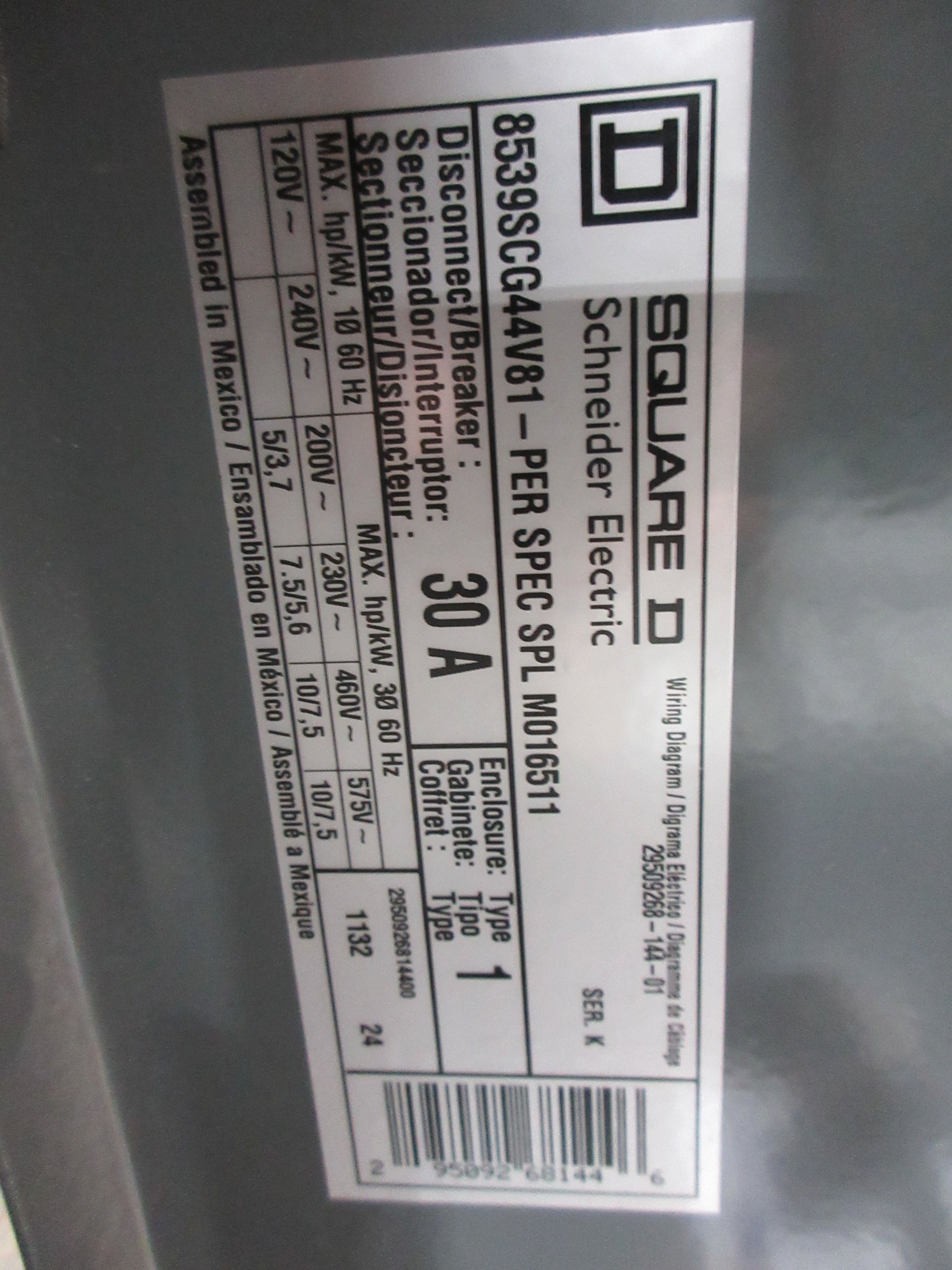 Square D Size 1 Breaker Combination 8539SCG44V81 Ser. K 120V Coil Used