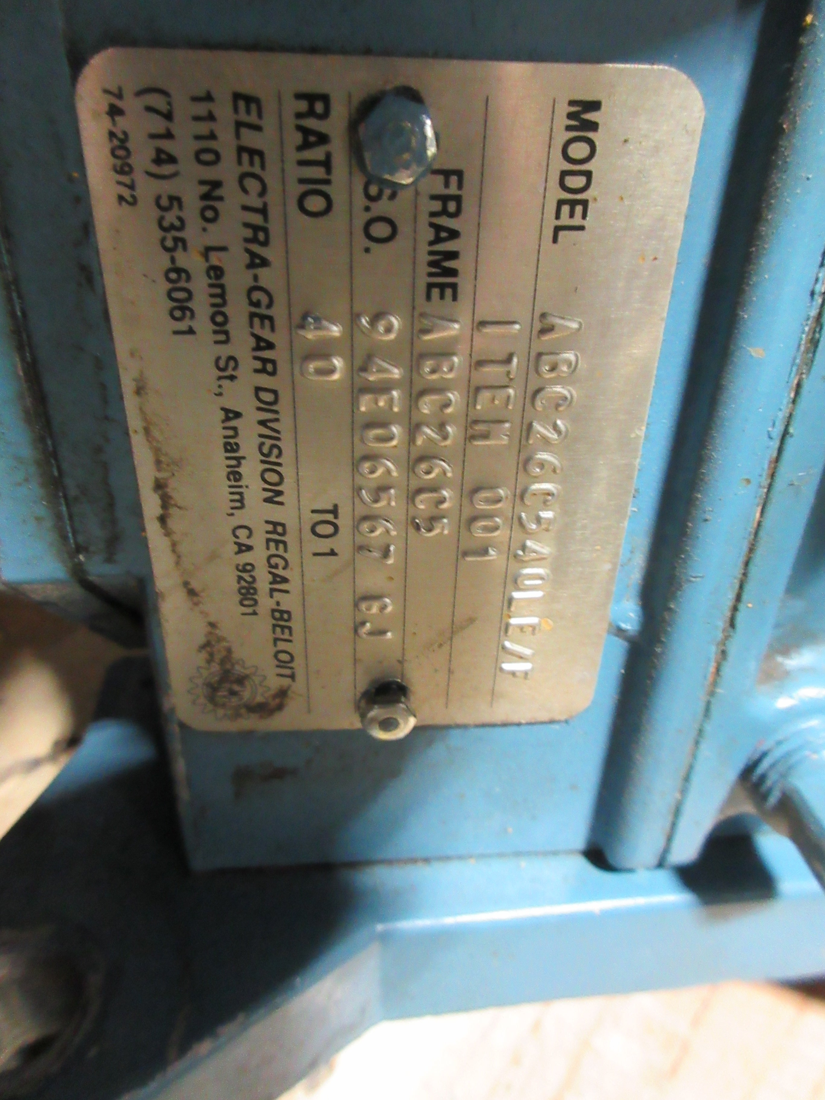 Baldor / Electra-Gear Gearmotor W/Brake VBM3542 / ABC26C540LE/F 0.75HP Used