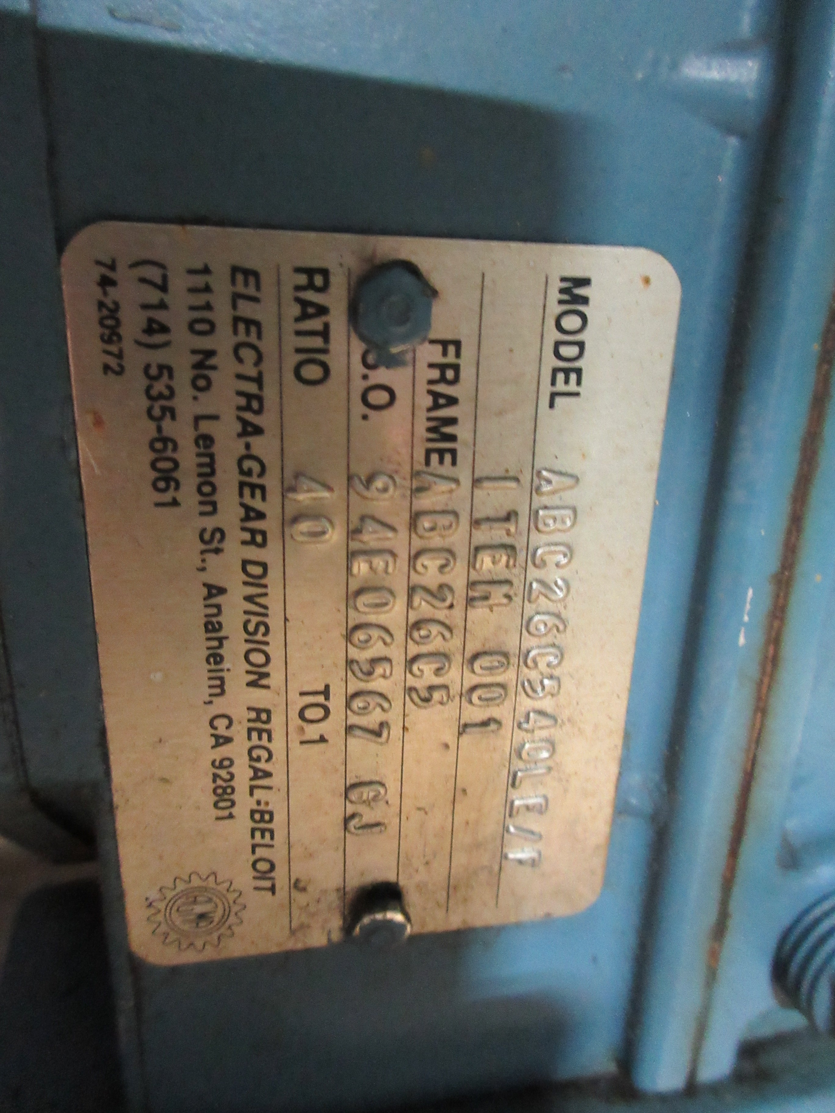 Electra-Gear Gearmotor CK75BTC / ABC26C540LE/F 3/4HP 1725RPM Motor Used