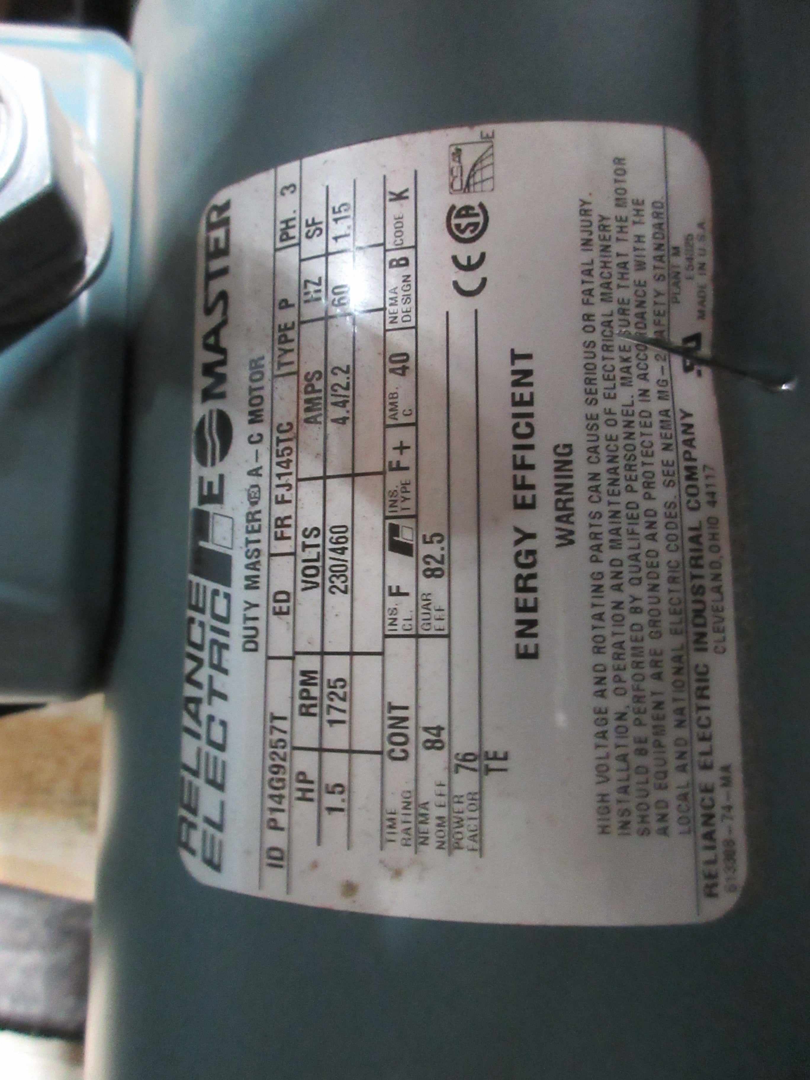 Reliance / Dodge Gearmotor P14G9257T / MR94B29L1 K BD 1.5HP 1725RPM Motor Used