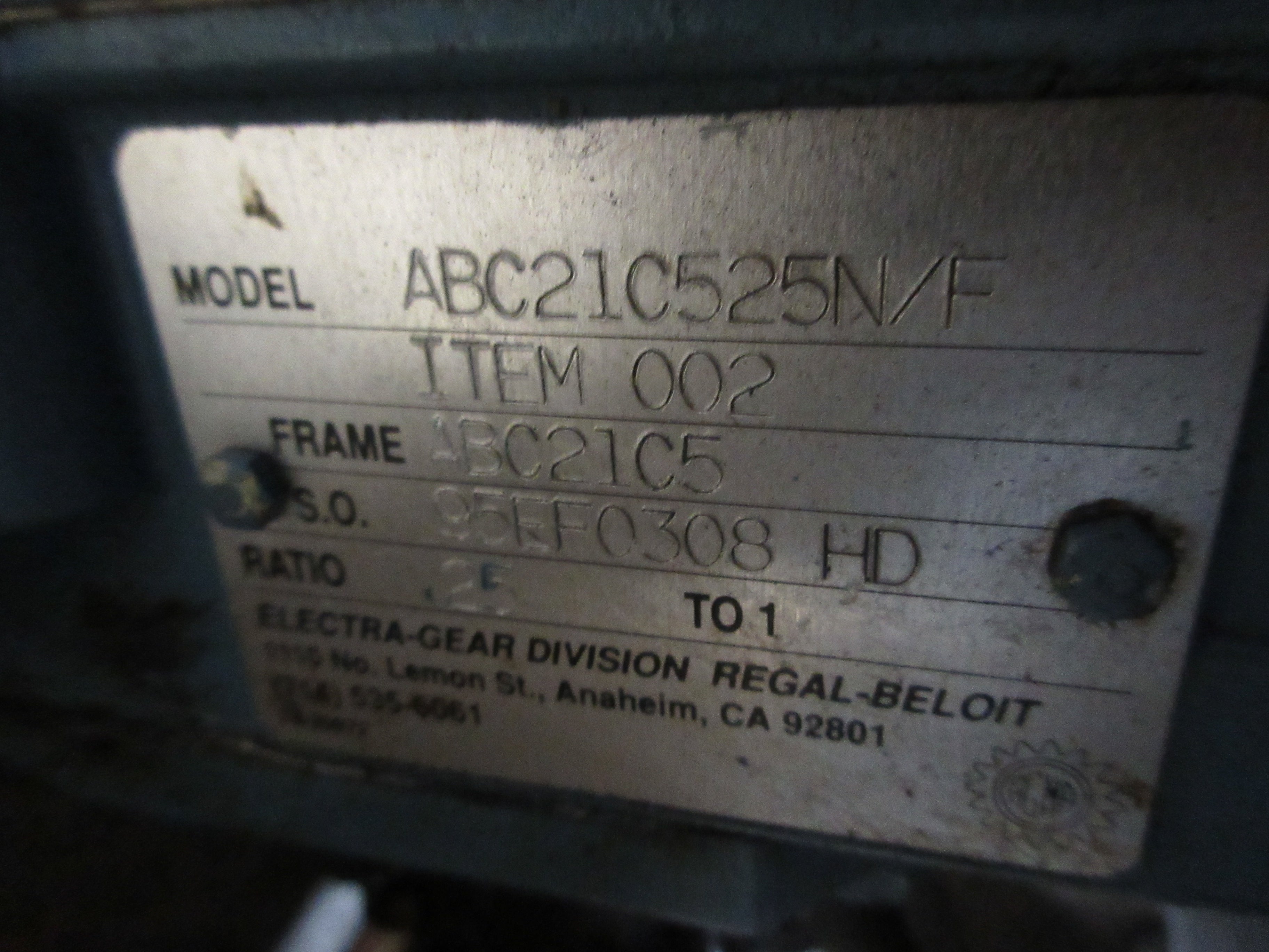 Electra-Gear Gearmotor W/Brake CBK75BCF1Y0001 / ABC21C525N/F 3/4HP Used