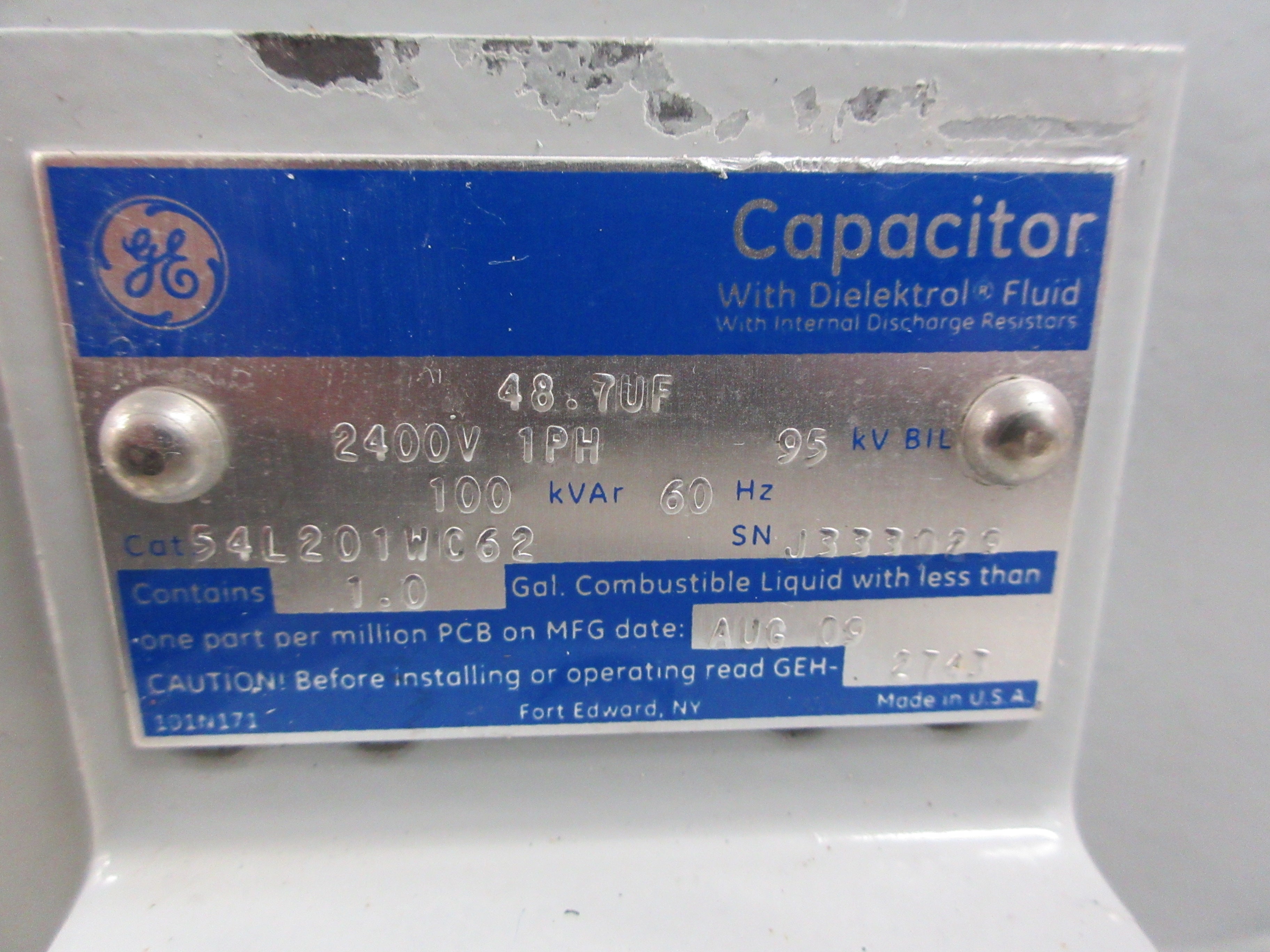 GE Capacitor 54L201WC62 100KVAR 2400V 60Hz 1Ph Used