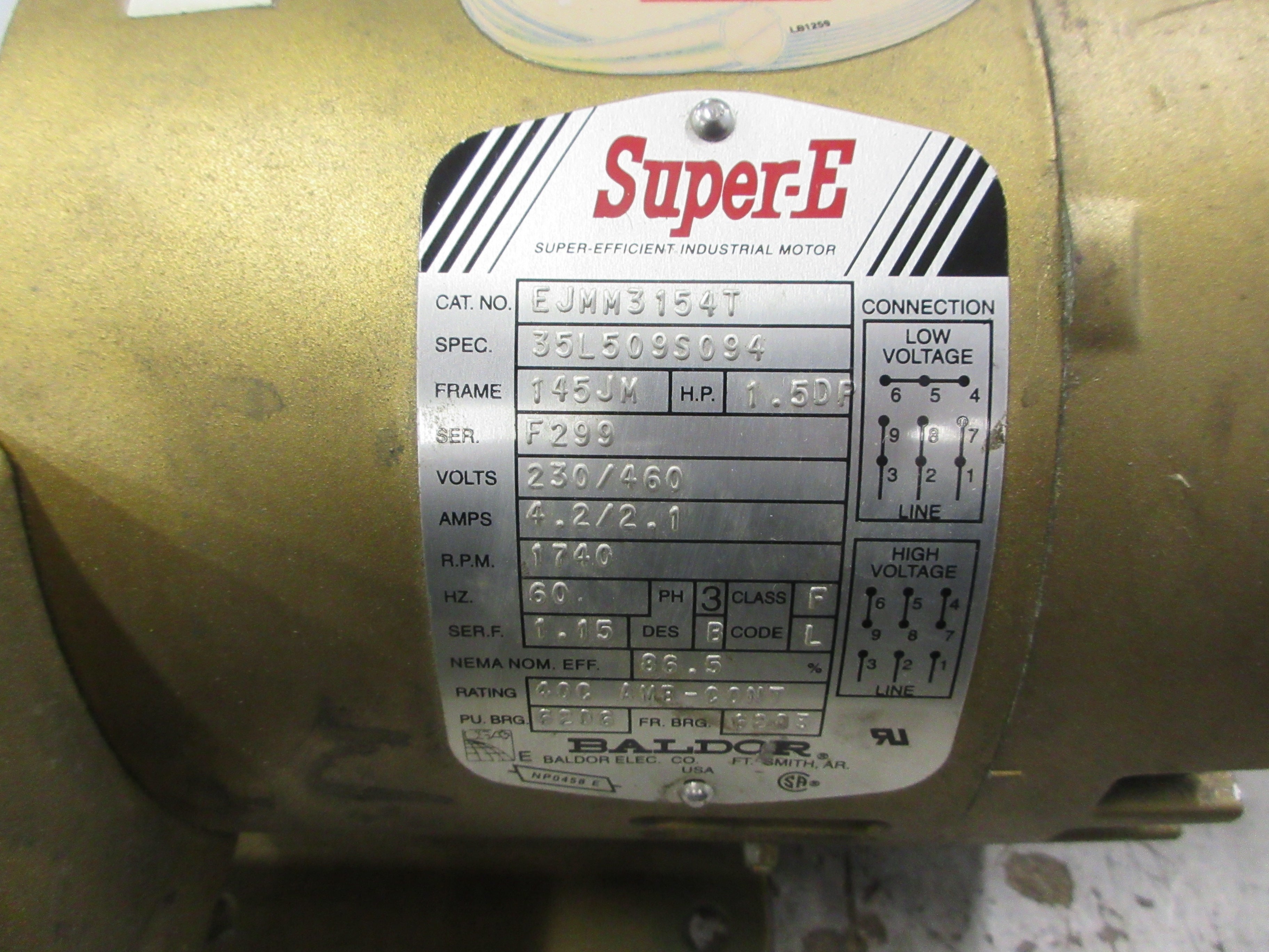 Baldor Motor EJMM3154T 1.50DP HP 230/460V 1740RPM 4.2/2.1A Fame: 145JM Used