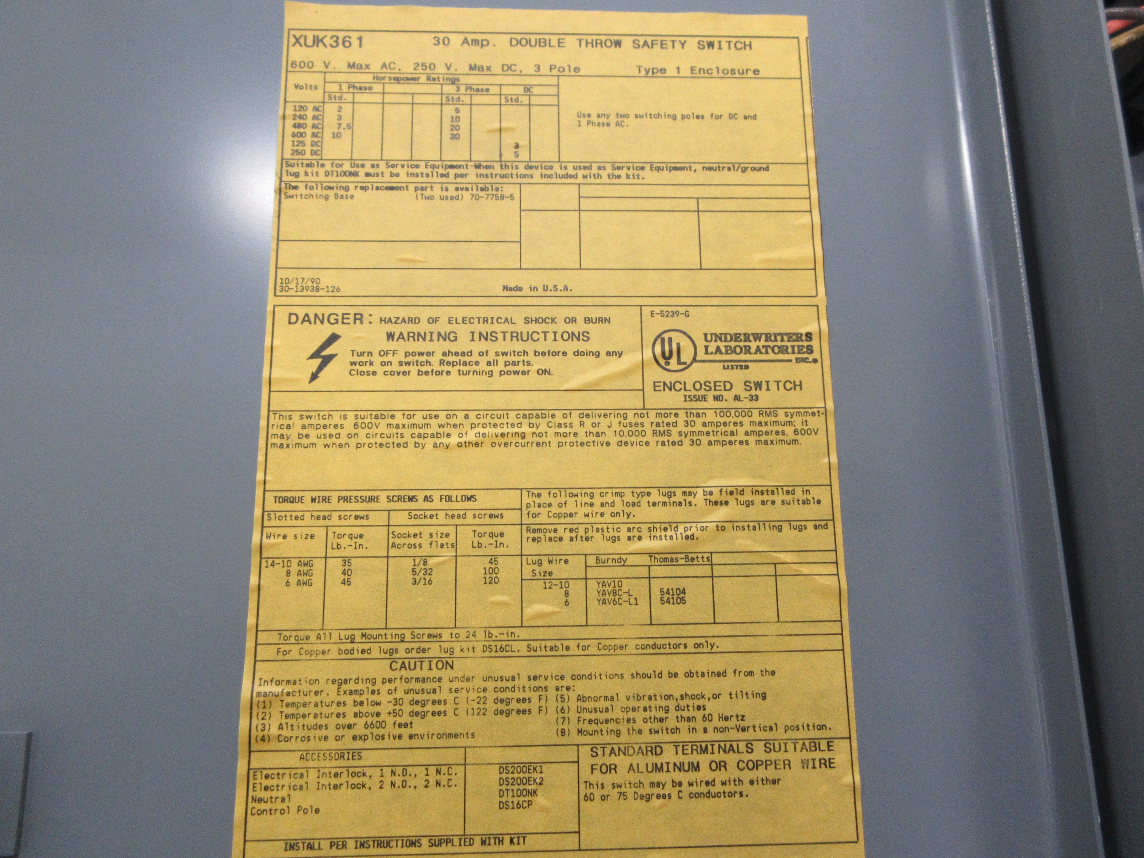 Westinghouse Non-Fusible Safety Switch/Disconnect XUK361 30A 600V 3P Used