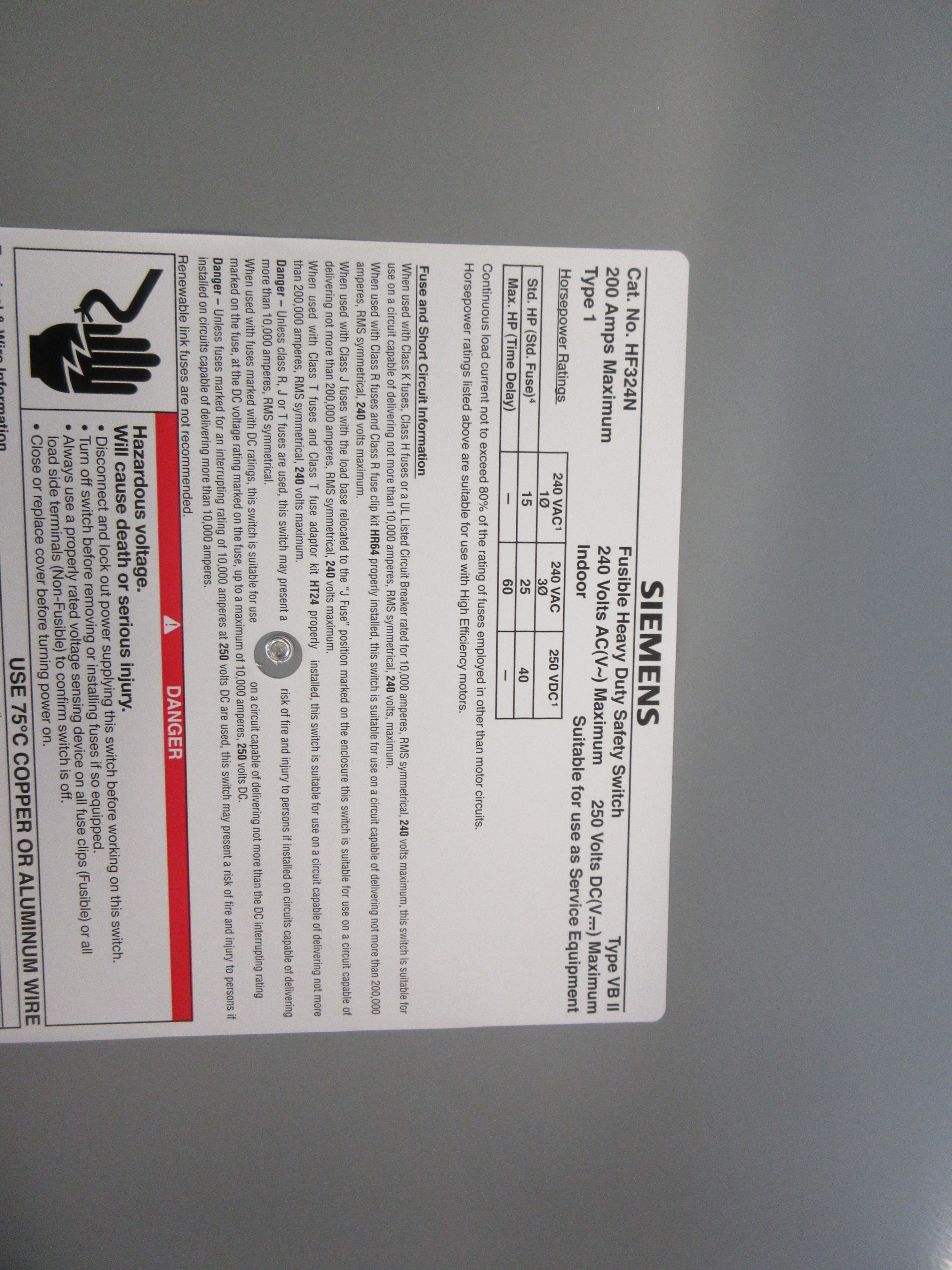 Siemens Fusible Safety Switch/Disconnect HF324N 200A 240V 3P Used
