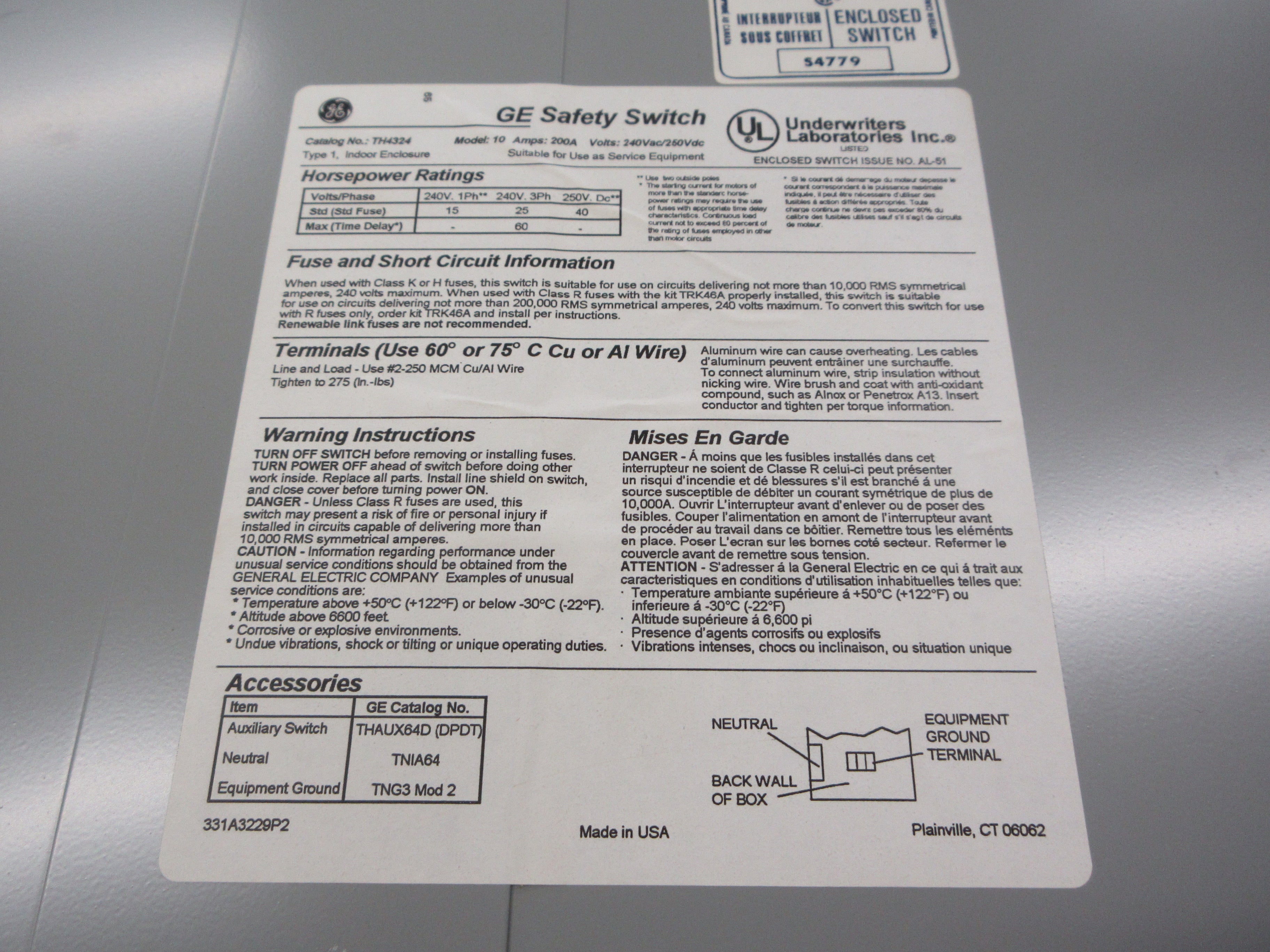 GE Fusible Safety Switch/Disconnect TH4324 Mod. 10 240V 200A Used