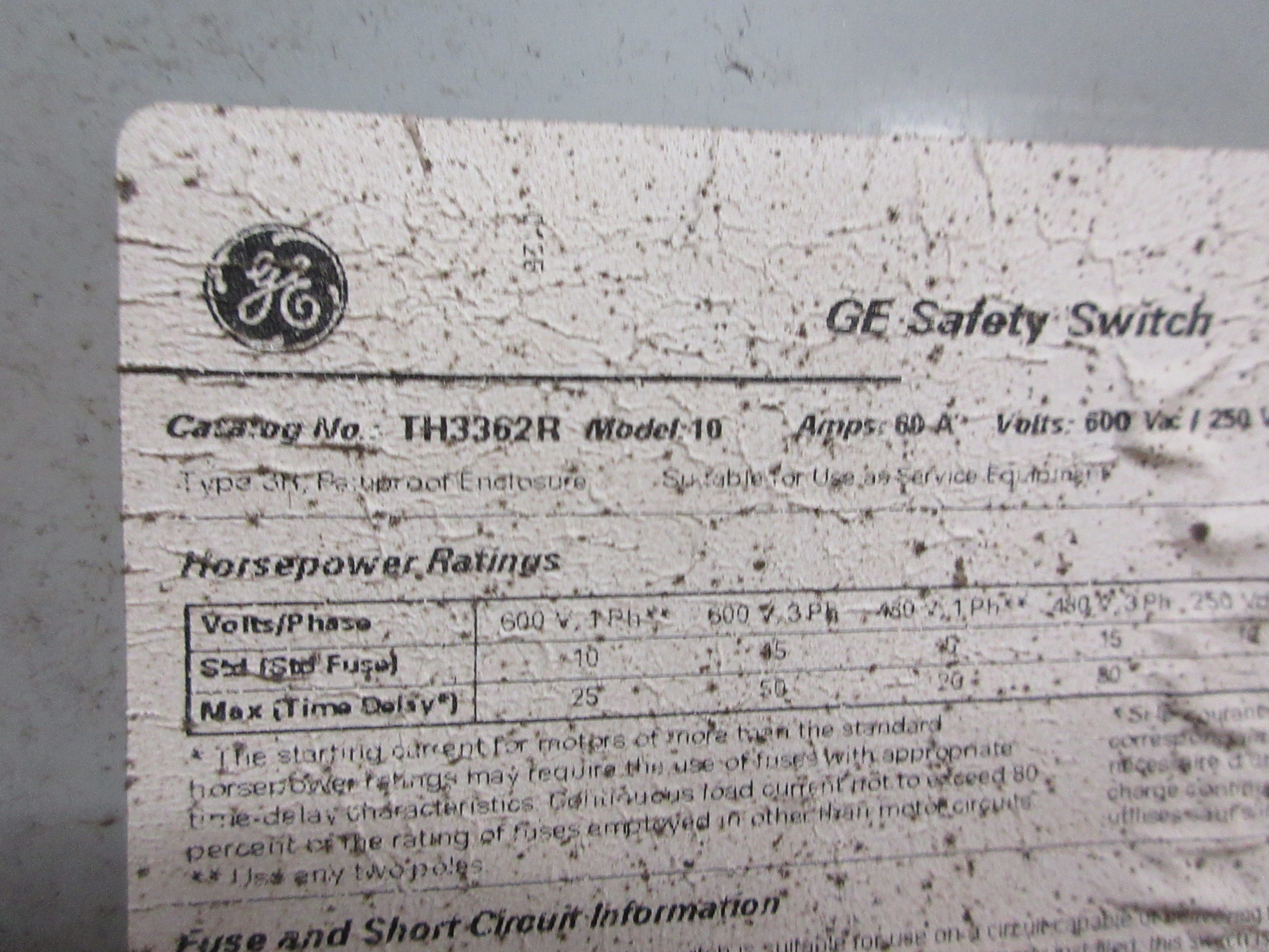 GE Fusible 3R Safety Switch/Disconnect TH3362R Mod. 10 60A 600V 3P Used