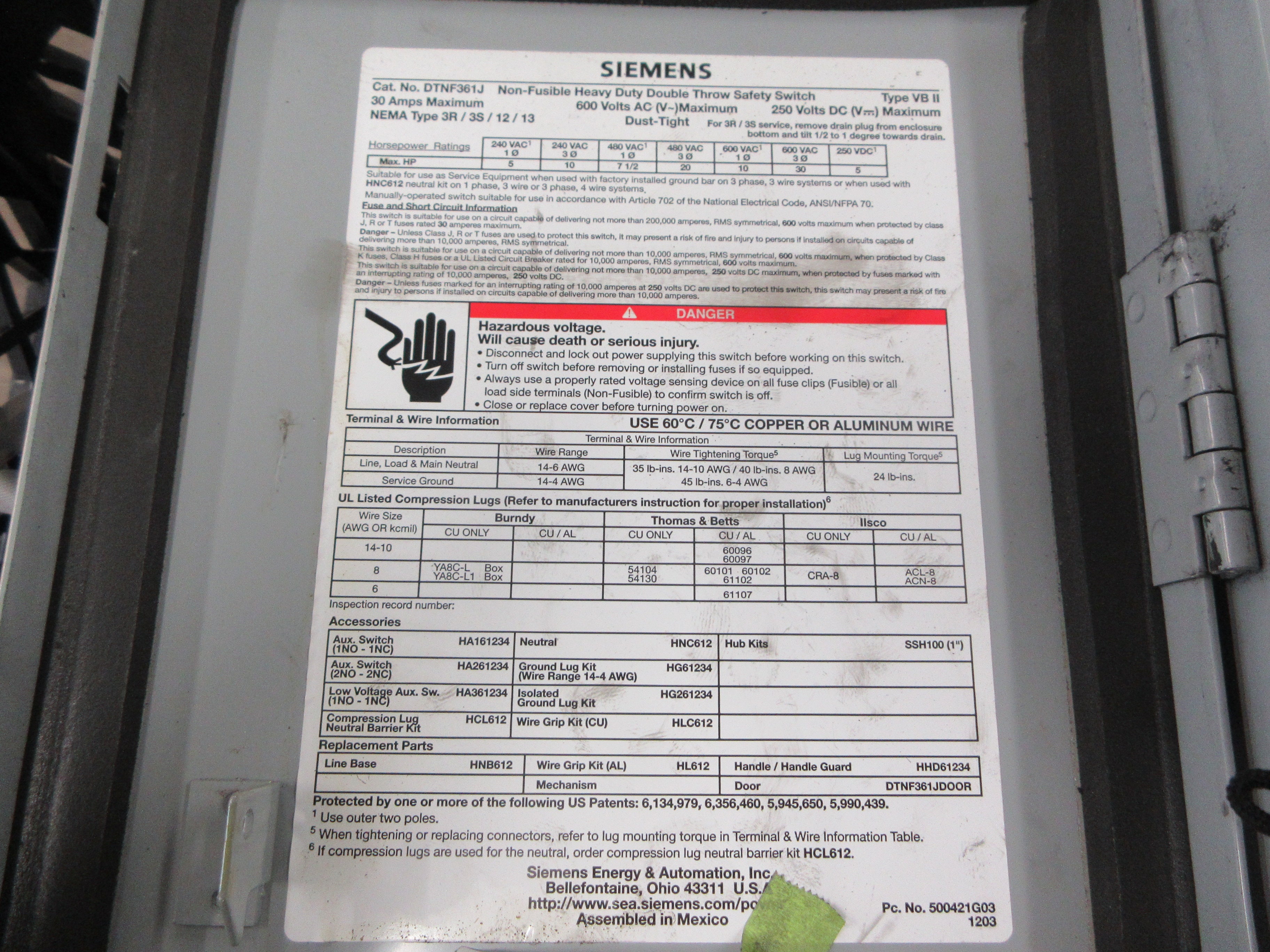 Siemens Non-Fusible 3R Safety Switch/Disconnect DTNF361J 30A 600V 3P Used
