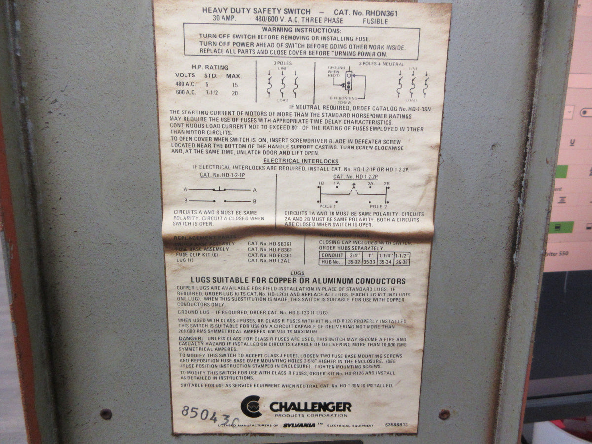 Challenger Fusible 3R Safety Switch/Disconnect RHDN361 30A 600V 3P Used