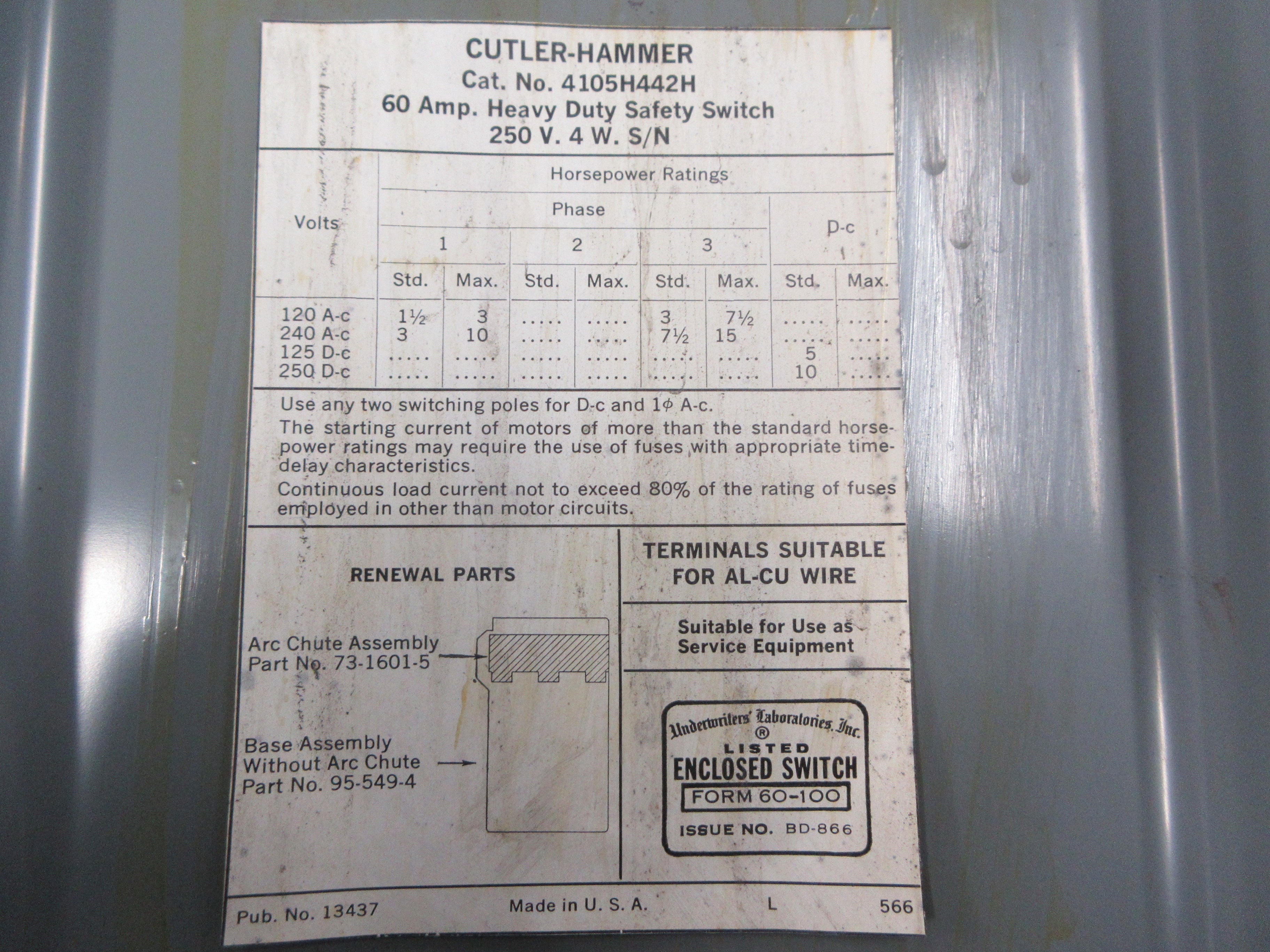 Cutler-Hammer Fusible Safety Switch/Disconnect 4105H442H 60A 240V 3P Used