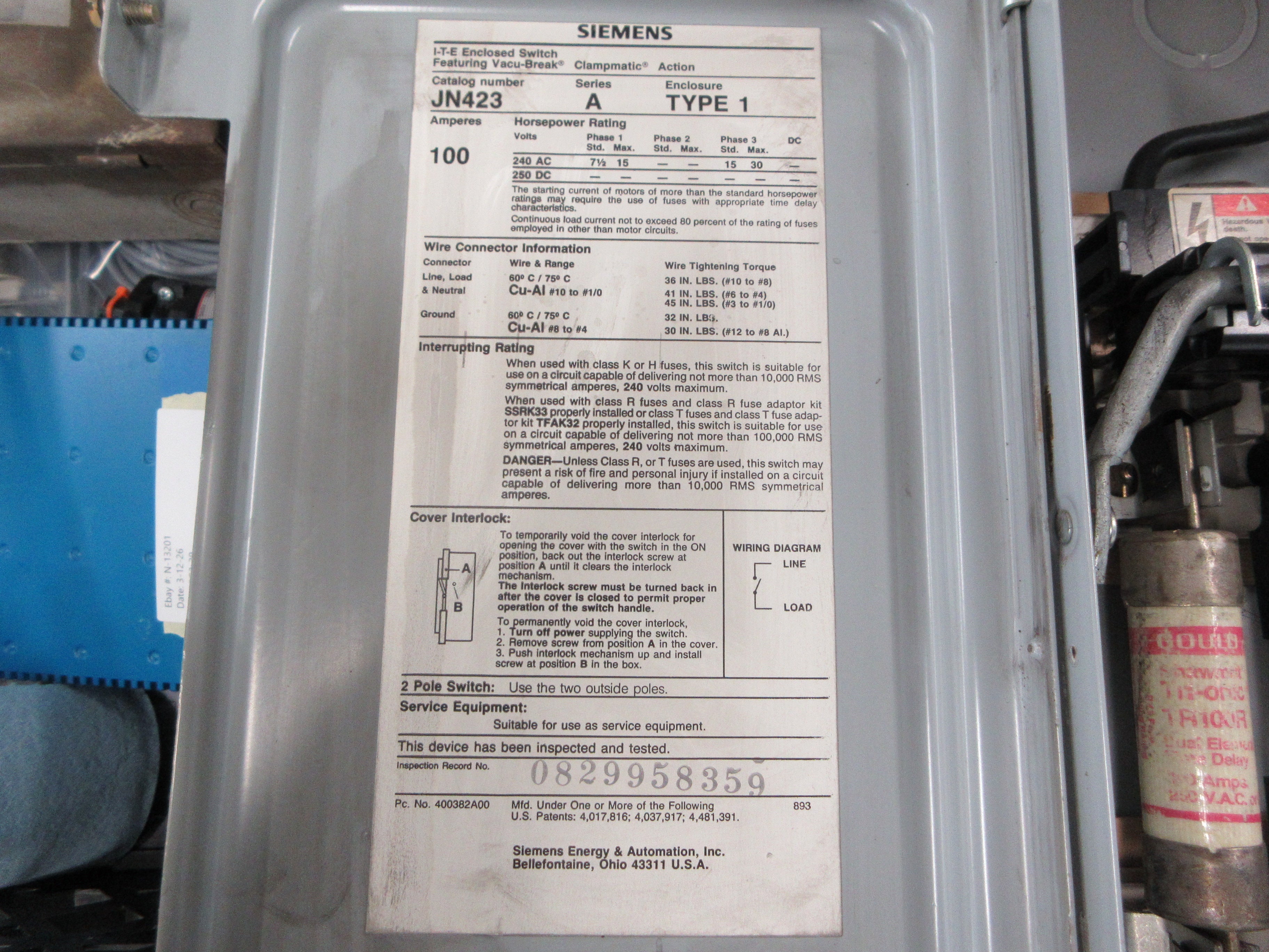 Siemens Fusible Safety Switch/Disconnect JN423 Ser. A 100A 240V 3P Used
