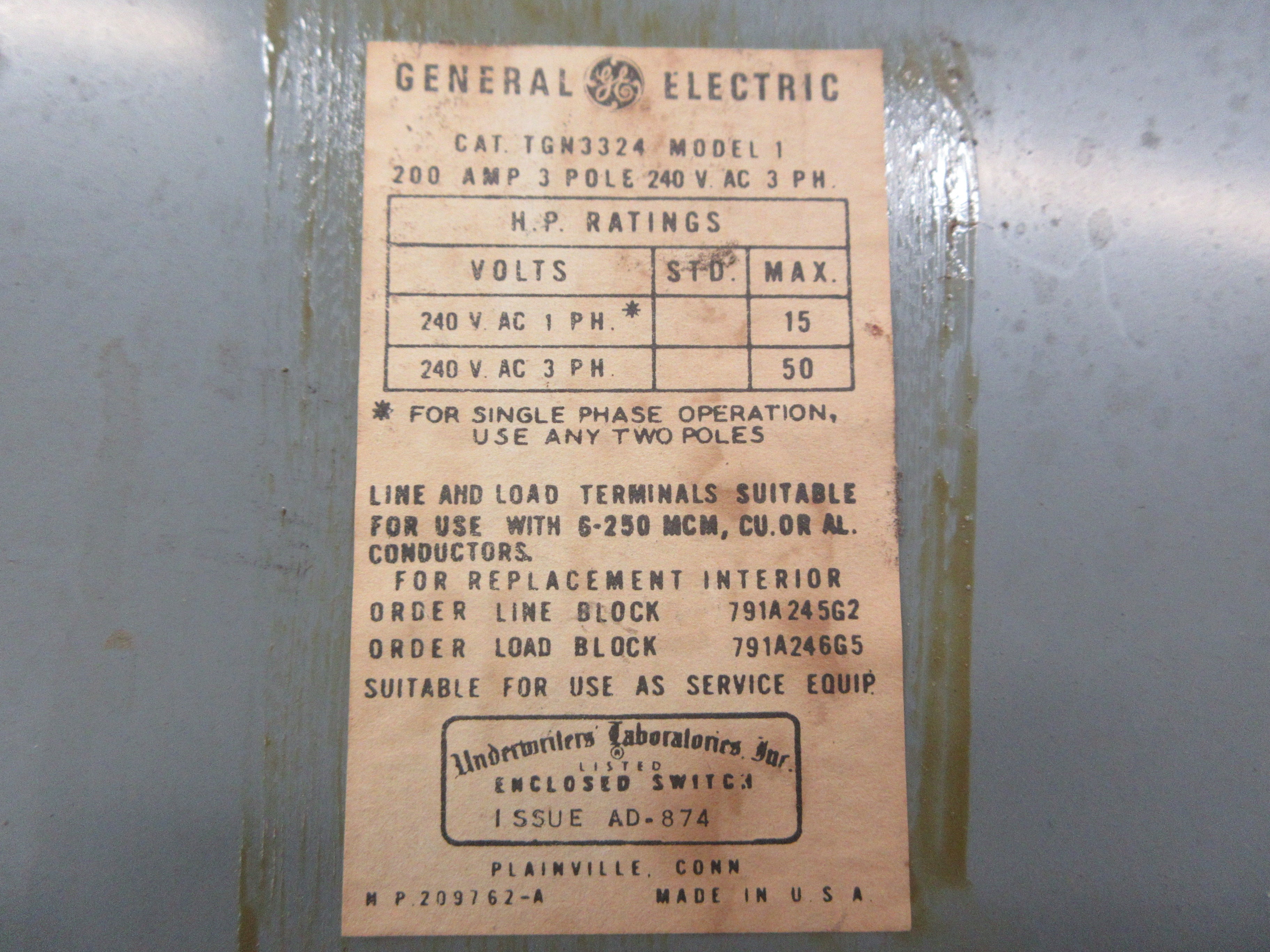 GE Non-Fusible Safety Switch/Disconnect TGN3324 Mod. 1 200A 240V 3P Used