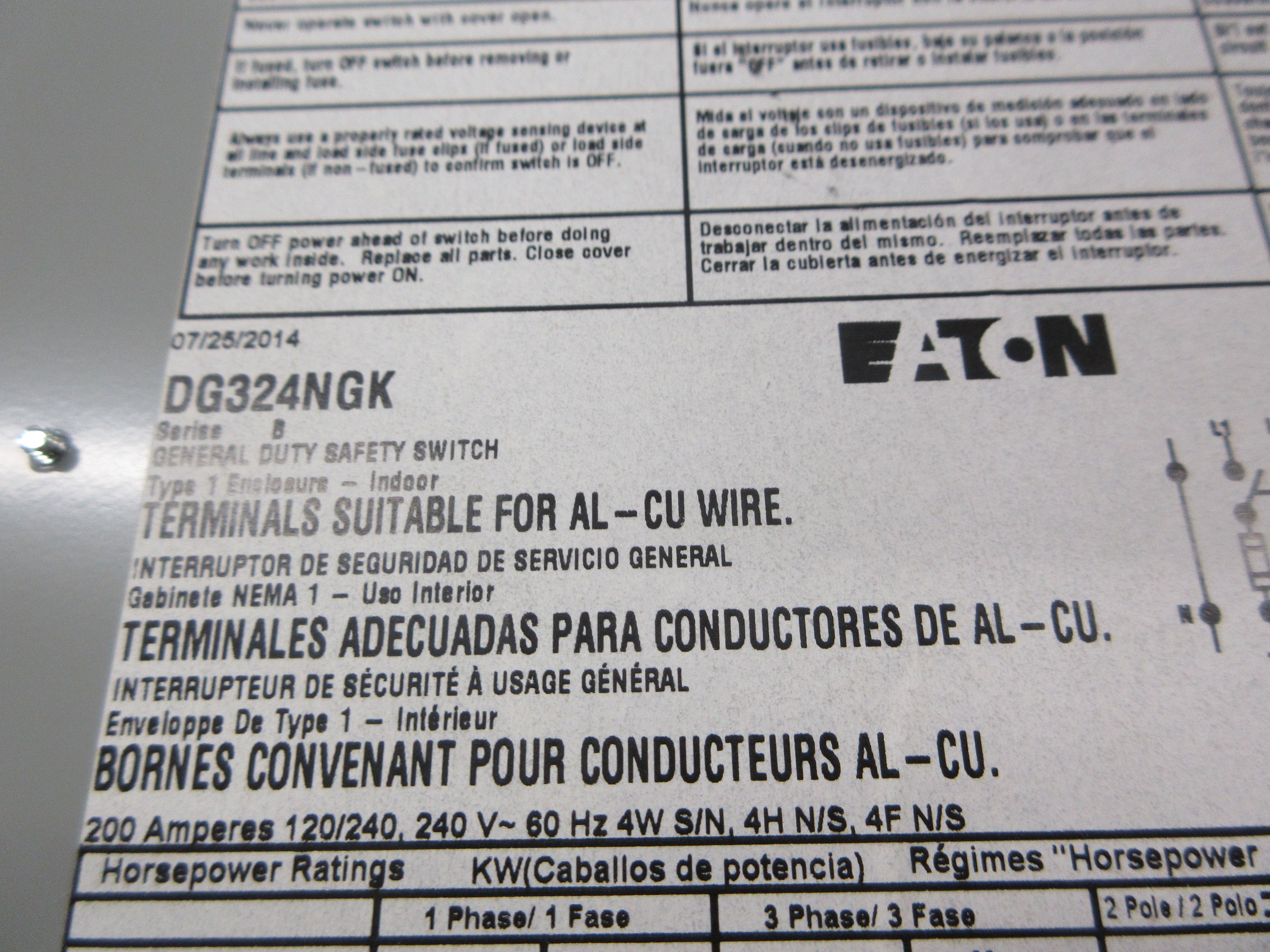 Eaton Fusible Safety Switch/Disconnect DG324NGK Ser. B 200A 240V 3P Used