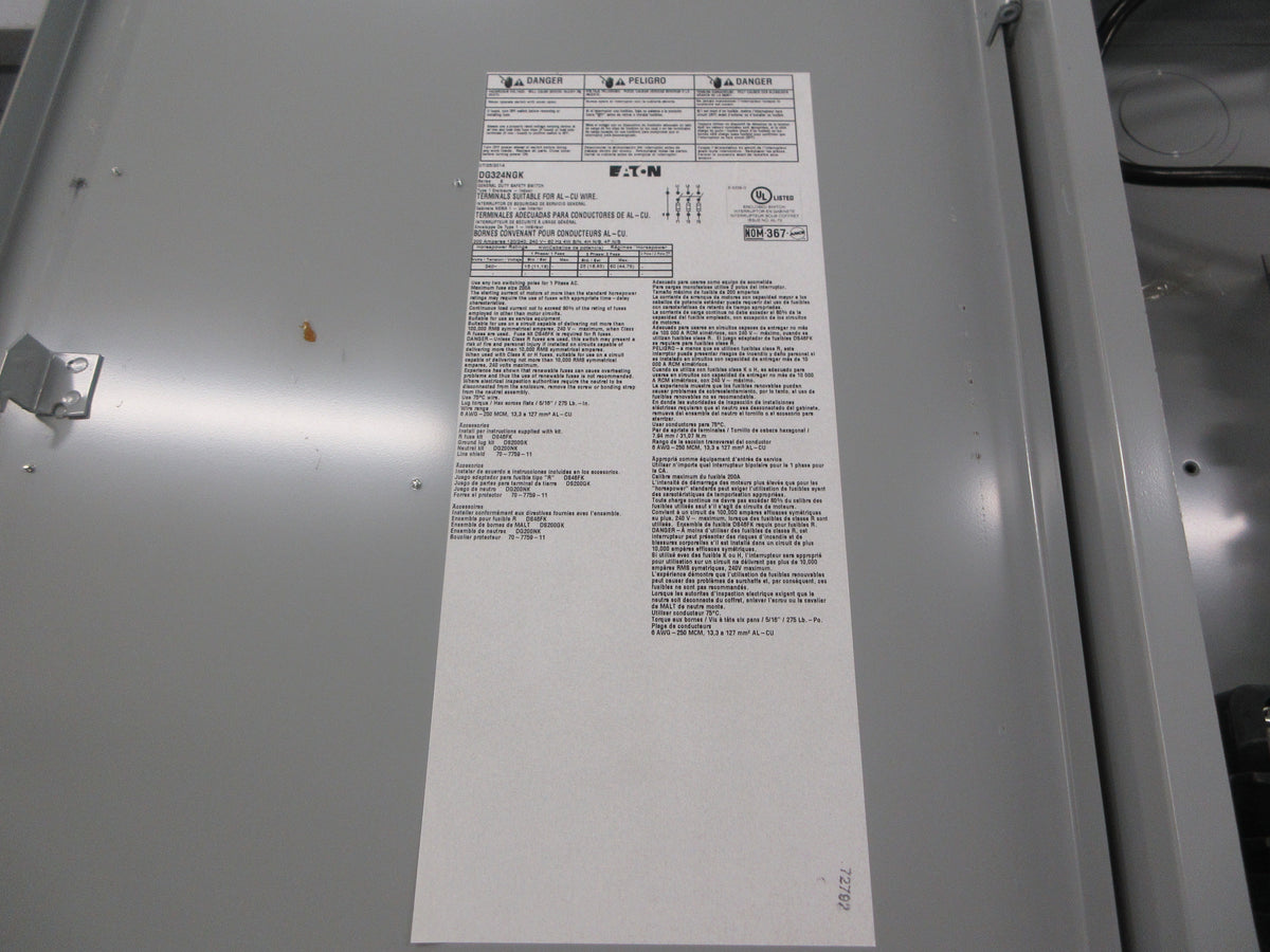 Eaton Fusible Safety Switch/Disconnect DG324NGK Ser. B 200A 240V 3P Used
