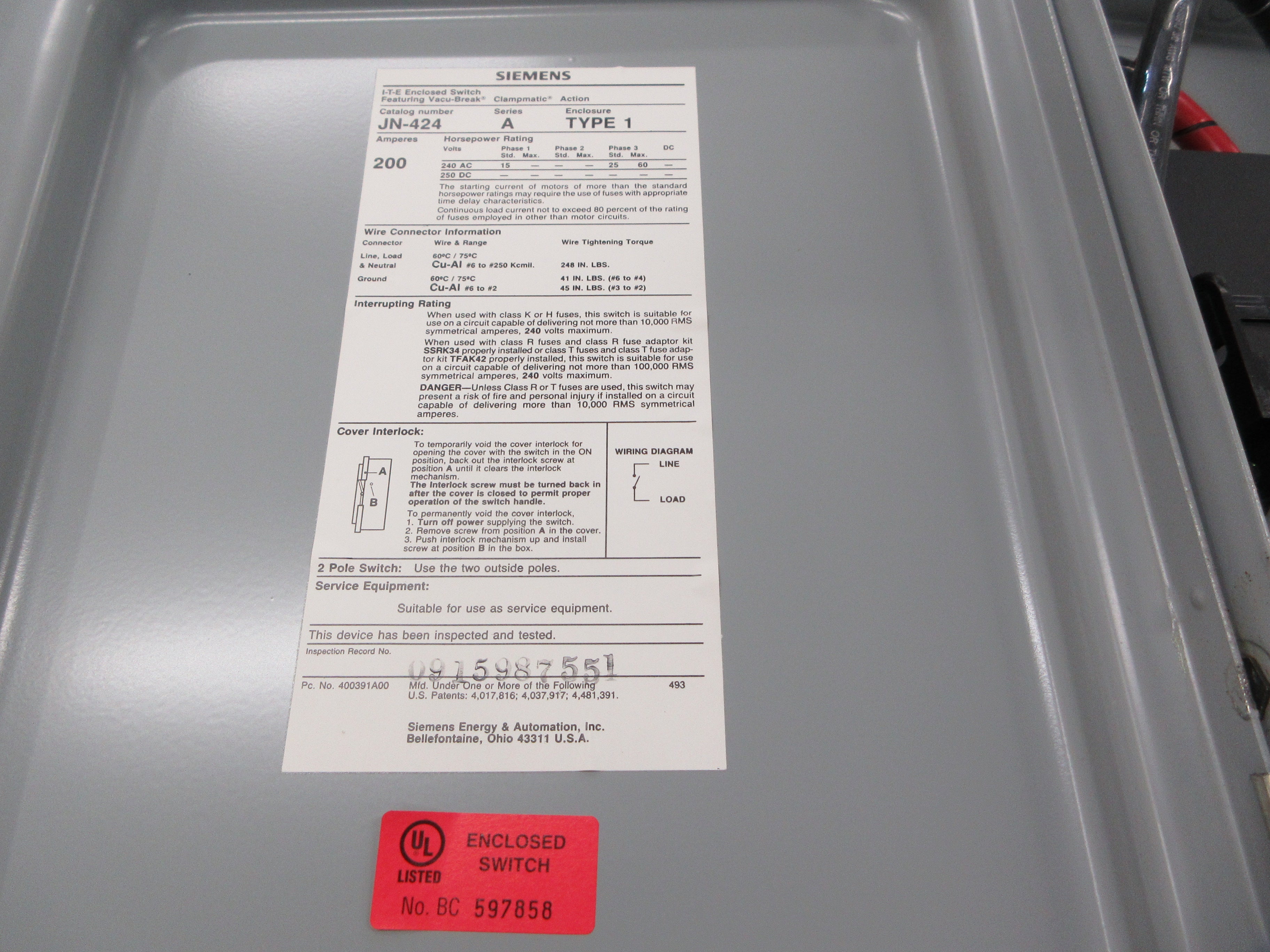 Siemens ITE Fusible Safety Switch/Disconnect JN424 Ser. A 200A 240V 3P Used