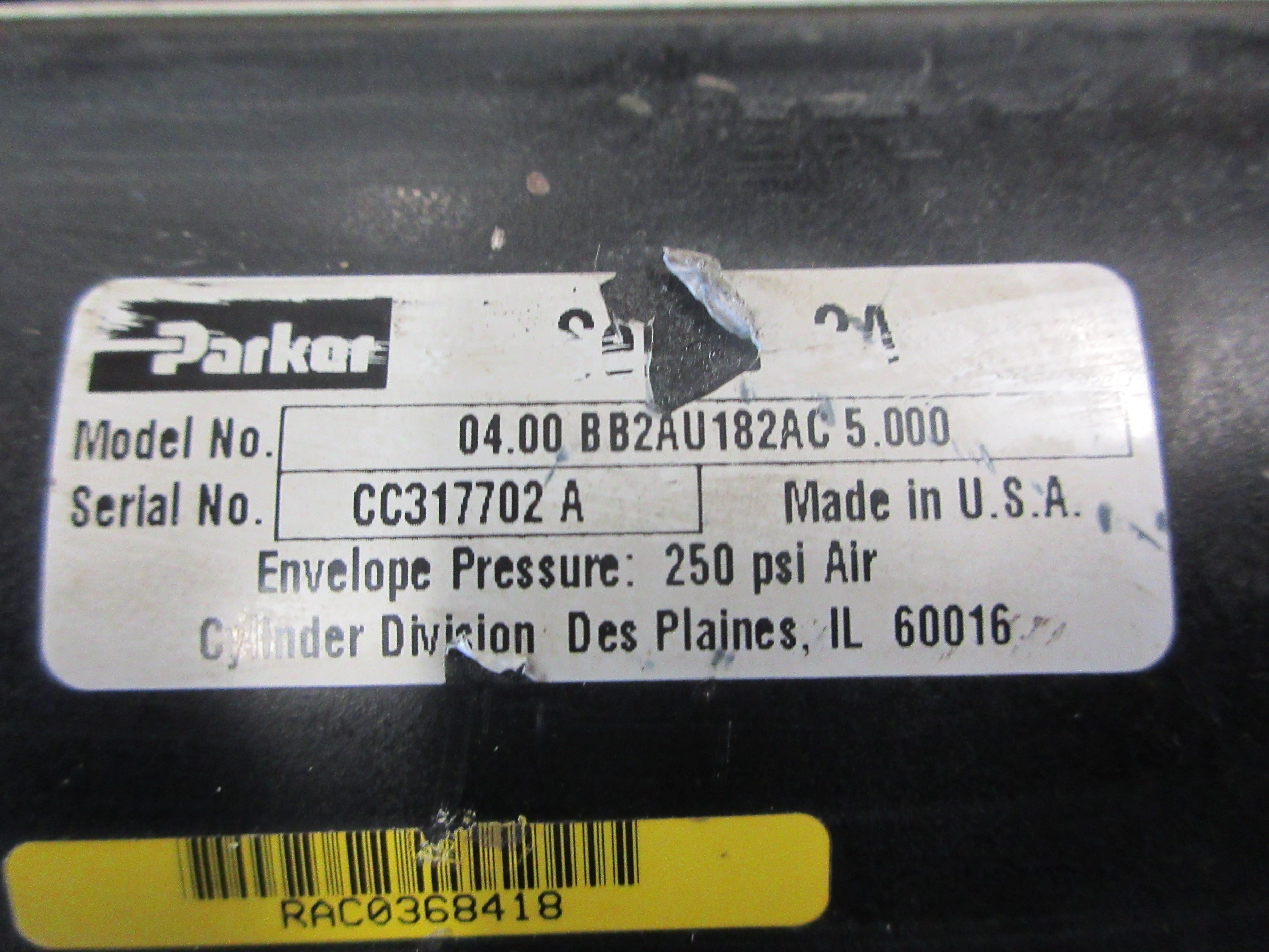 Parker Series 2A Air Cylinder 04.00 BB2AU182AC 5.000 250 PSI Used