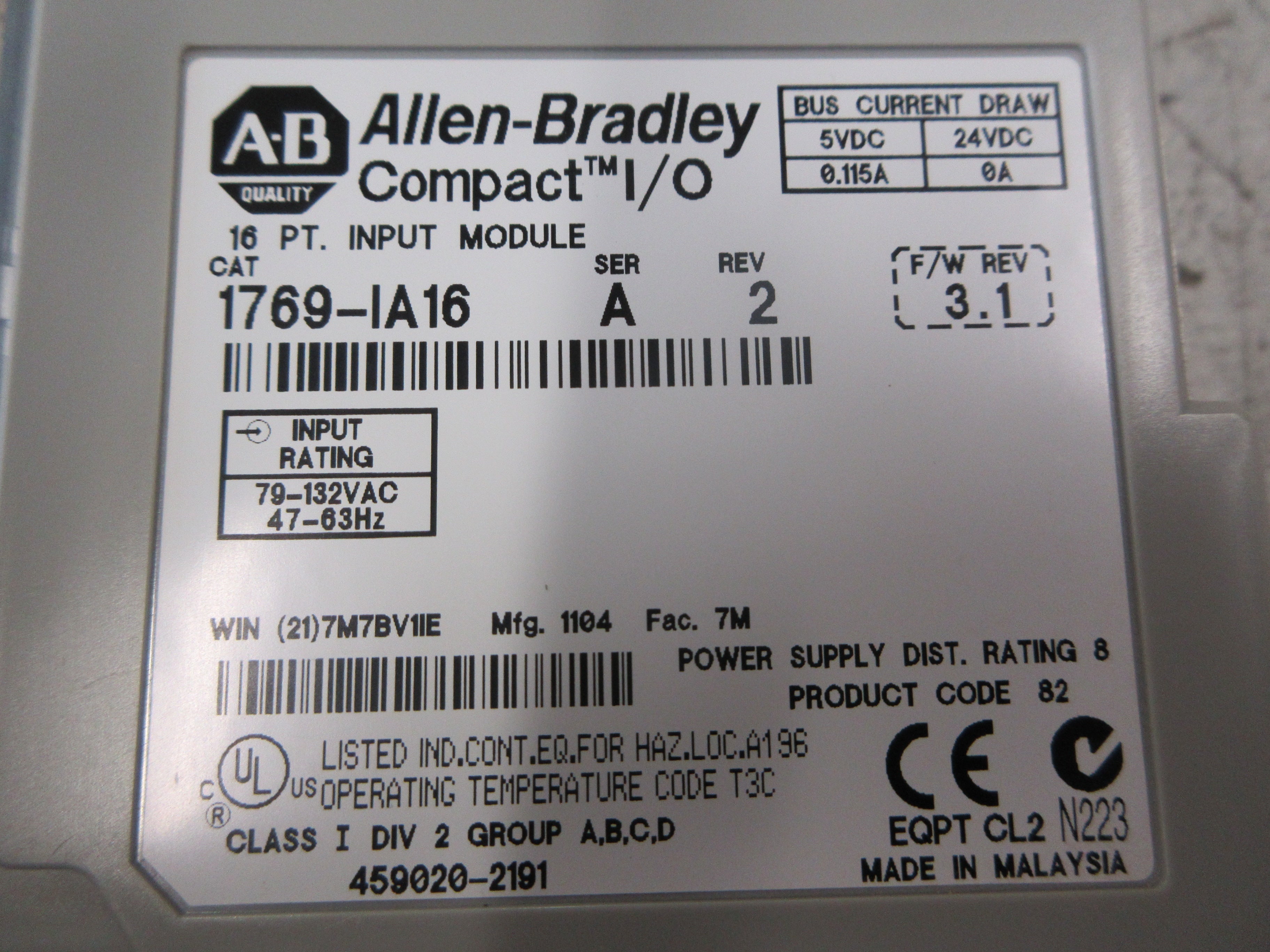 Allen-Bradley Compact I/O Input Module 1769-IA16 Ser. A F/W Rev. 3.1 Rev. 2 Used