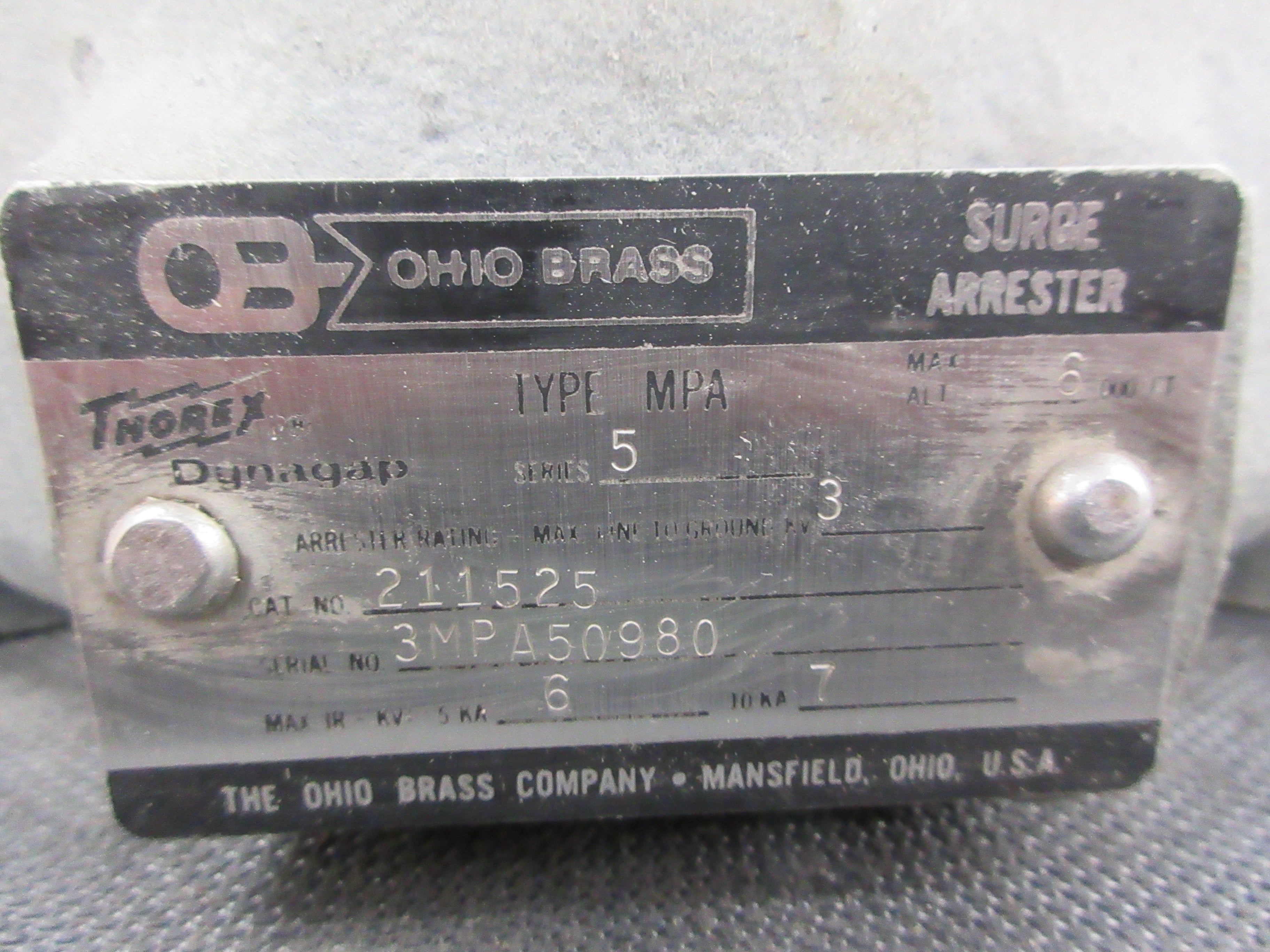Ohio Brass Thorex Dynagap Type MPA Surge Arrester 211525 Ser. 5 3KV Used