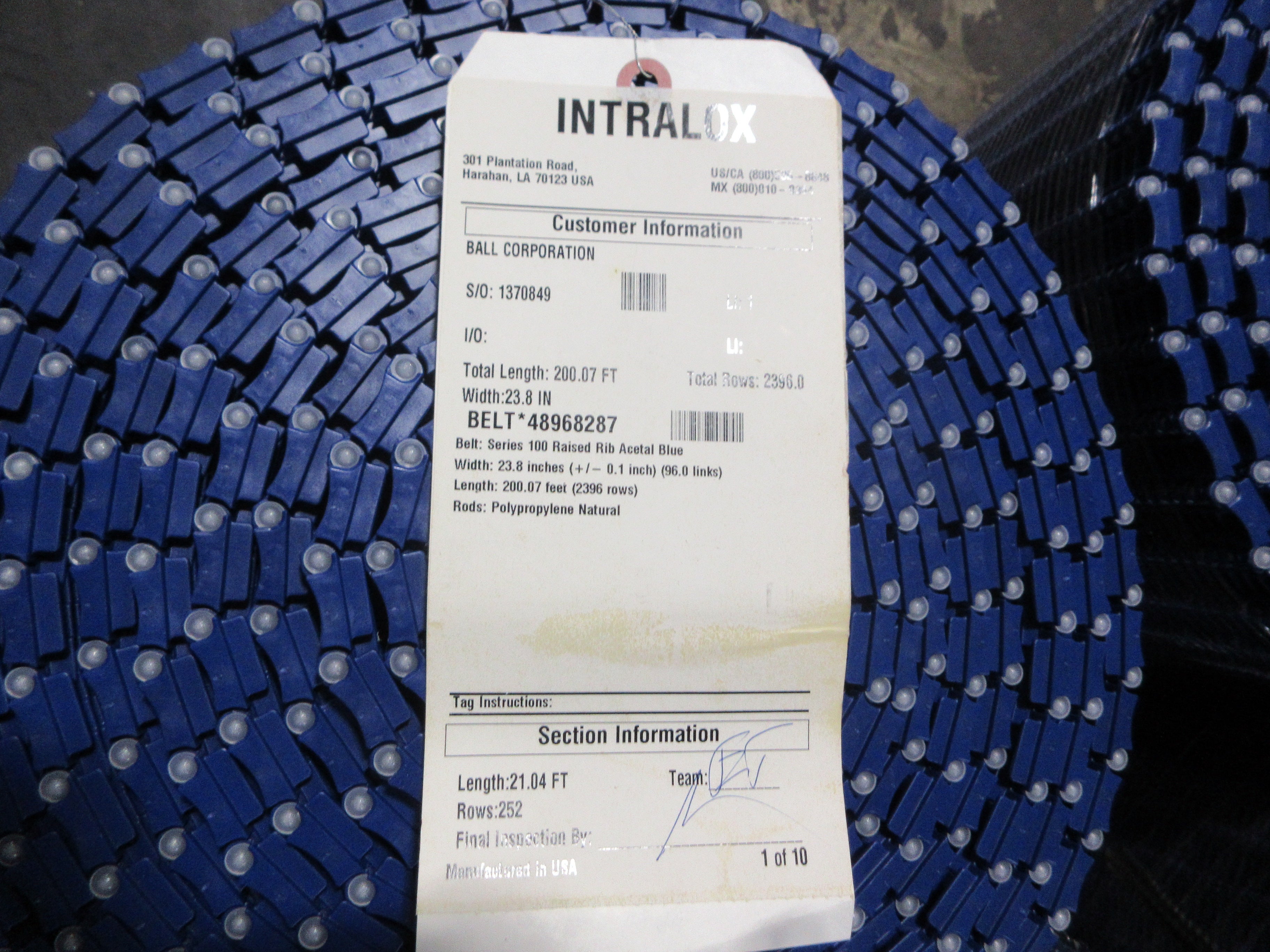 Intralox Series 100 Raised Rib Belt 48968287 Length: 21.04FT New Surplus