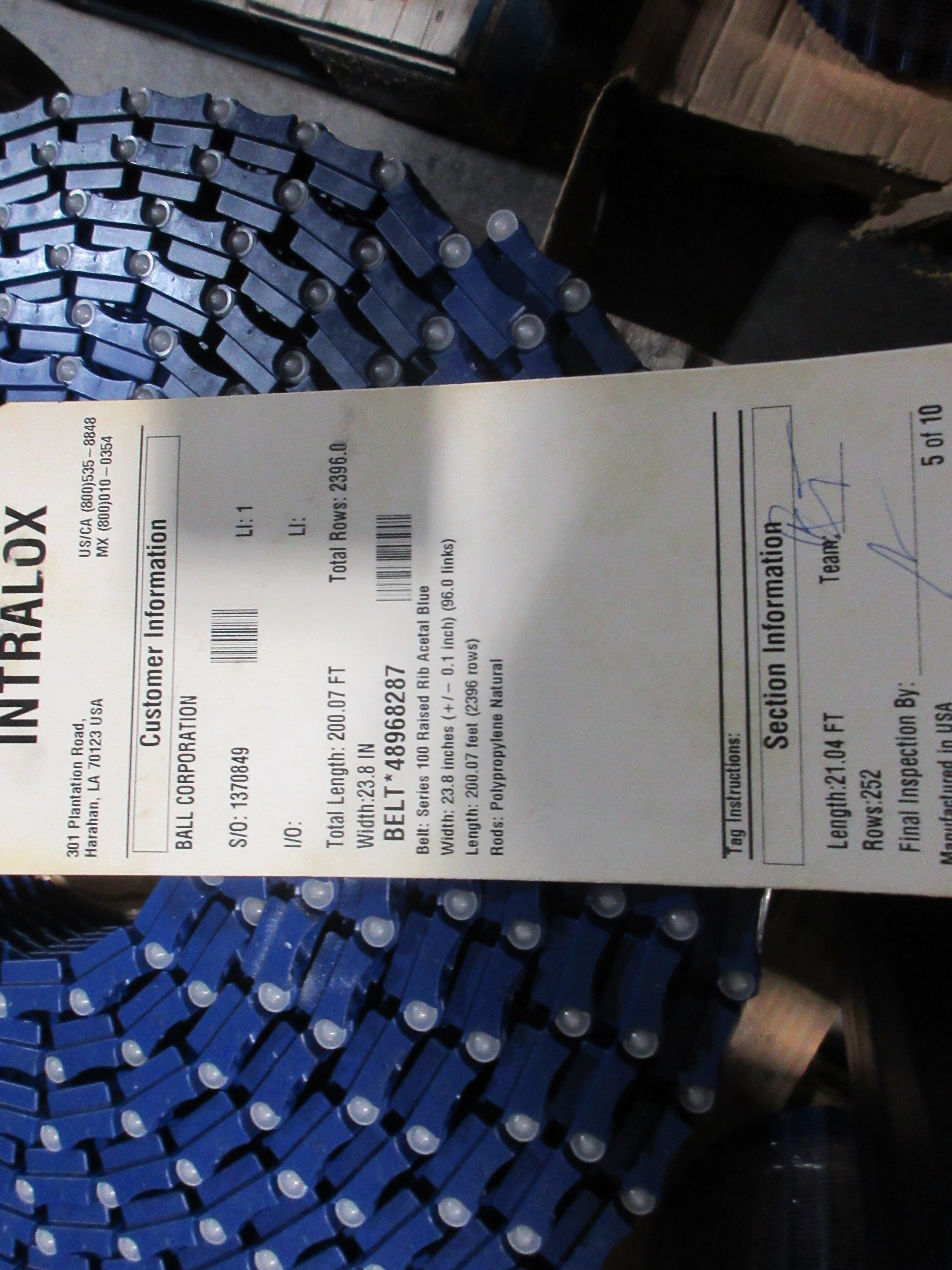 Intralox Series 100 Raised Rib Belt 48968287 Length: 21.04FT New Surplus
