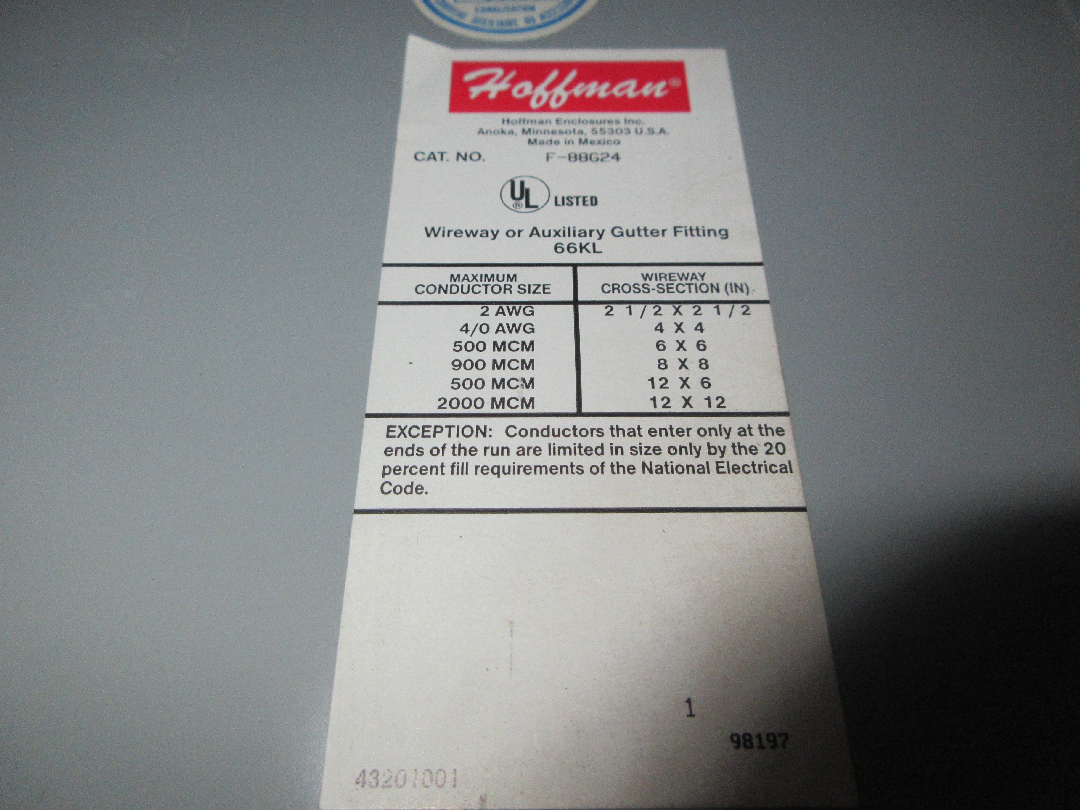 Hoffman Type 1 Wireway F-88G24 Size: 8"x8" Length: 24" New Surplus